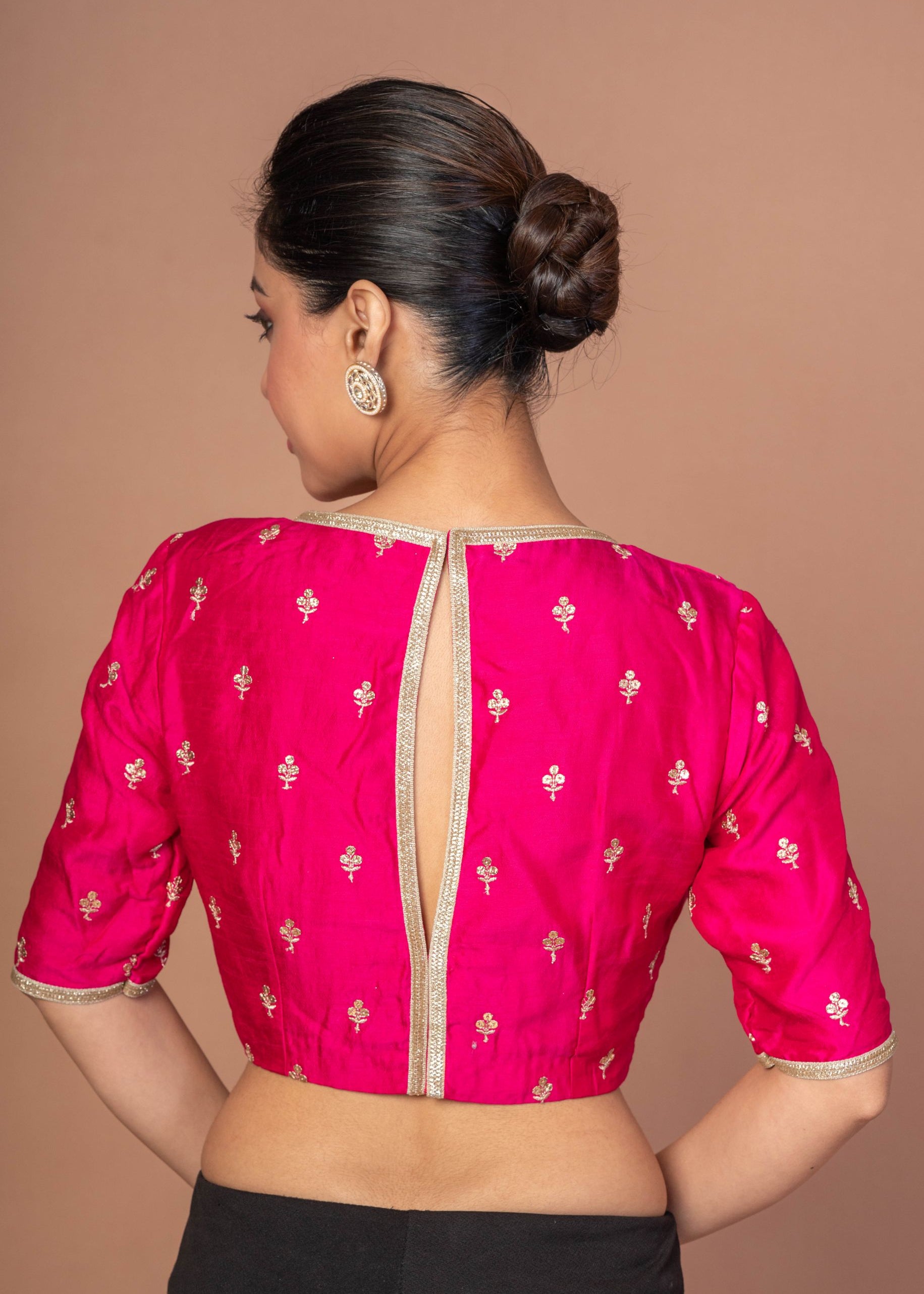 Fuchsia Pink Blouse With Floral Golden embroidered work with Boat Neckline
 img 1