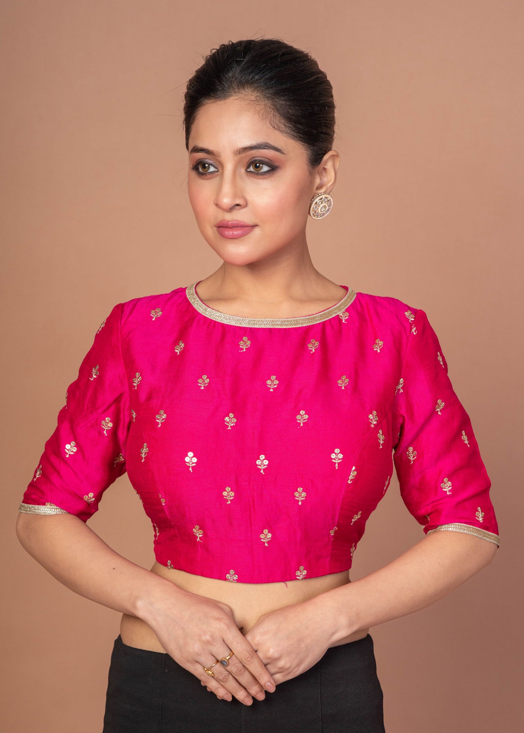 Fuchsia Pink Blouse With Floral Golden embroidered work with Boat Neckline
 img 2