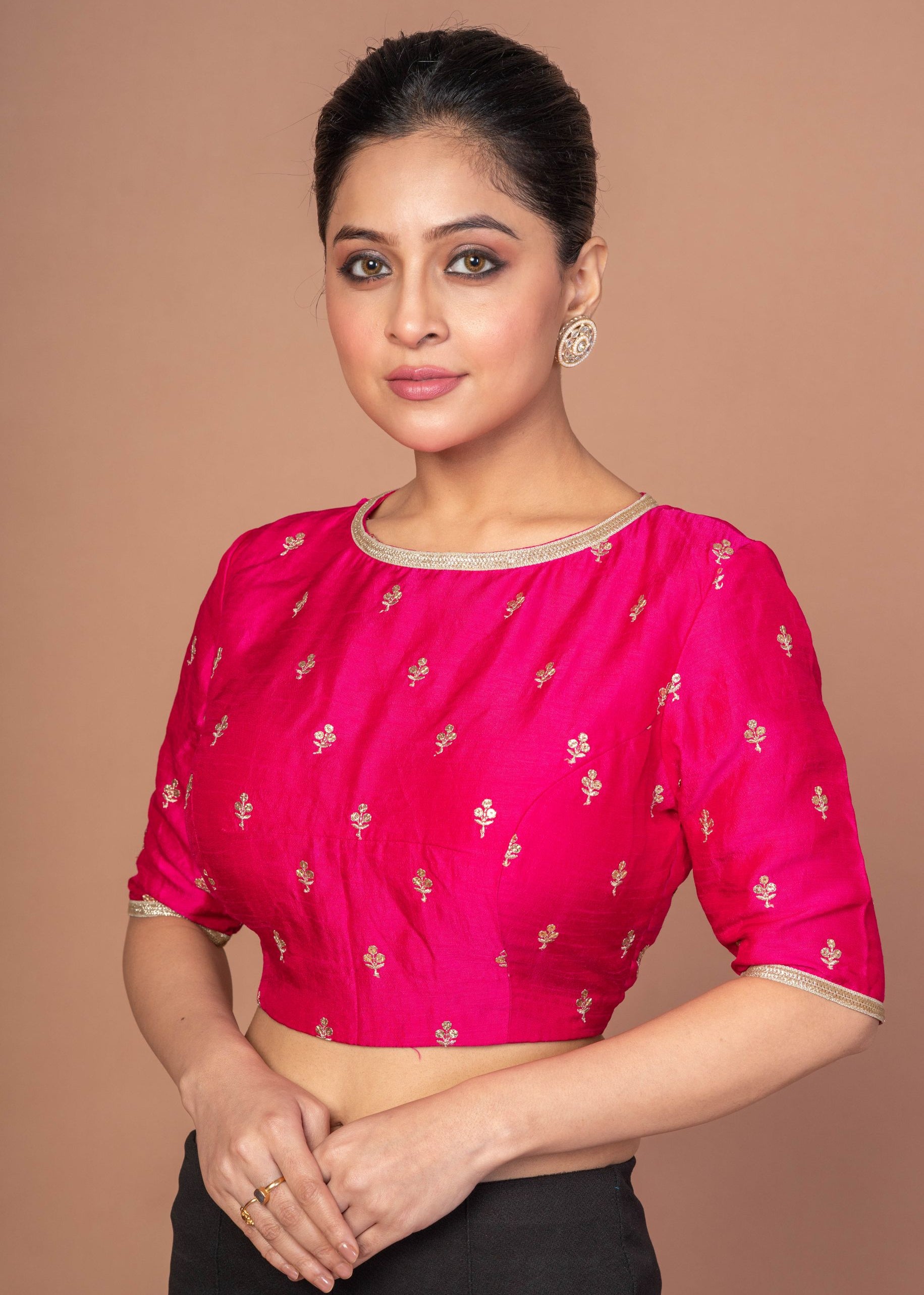 Fuchsia Pink Blouse With Floral Golden embroidered work with Boat Neckline
 img 3
