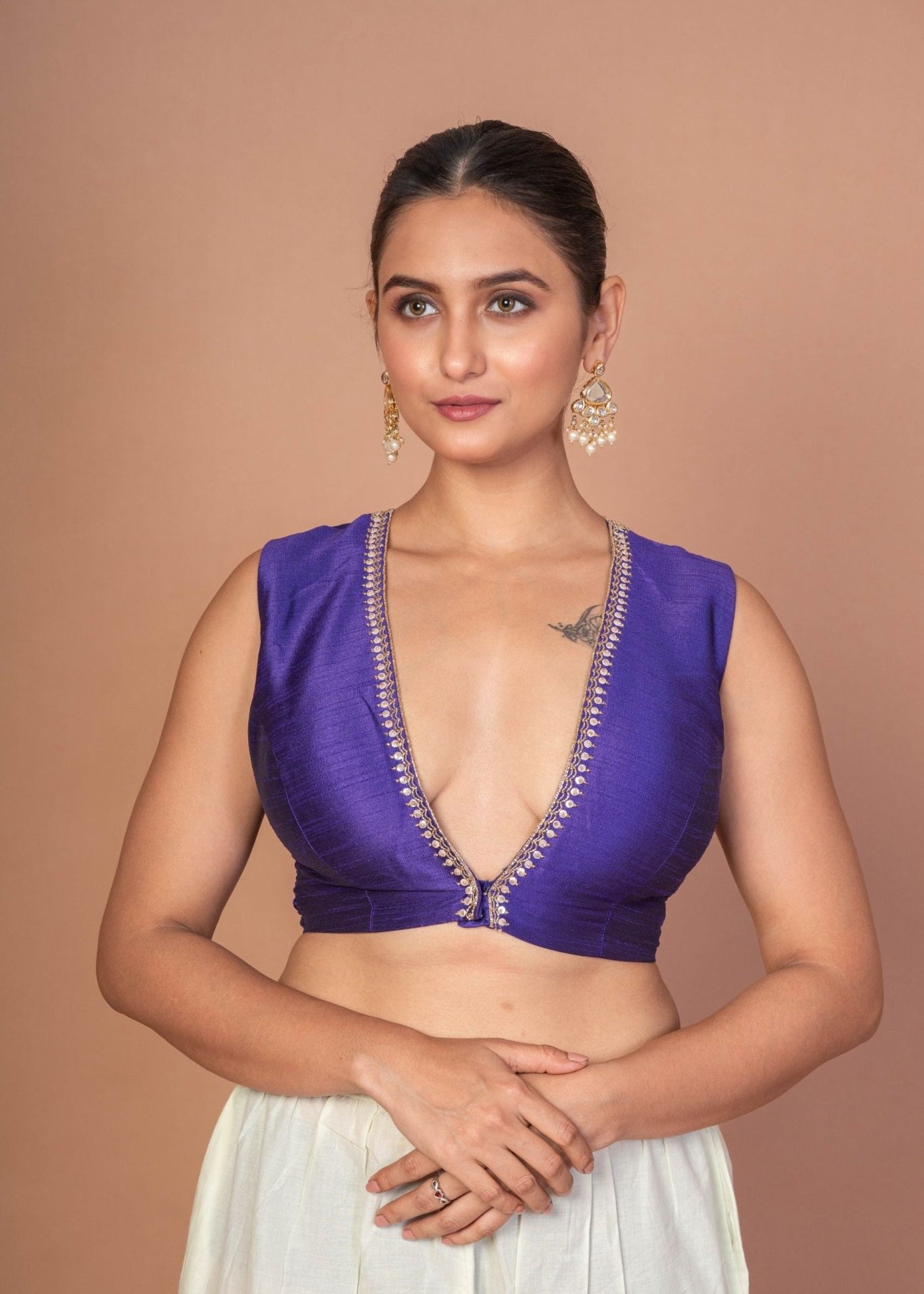 Royal Blue V Neckline Sleeveless Blouse With Embroidered Work - Anvi Couture