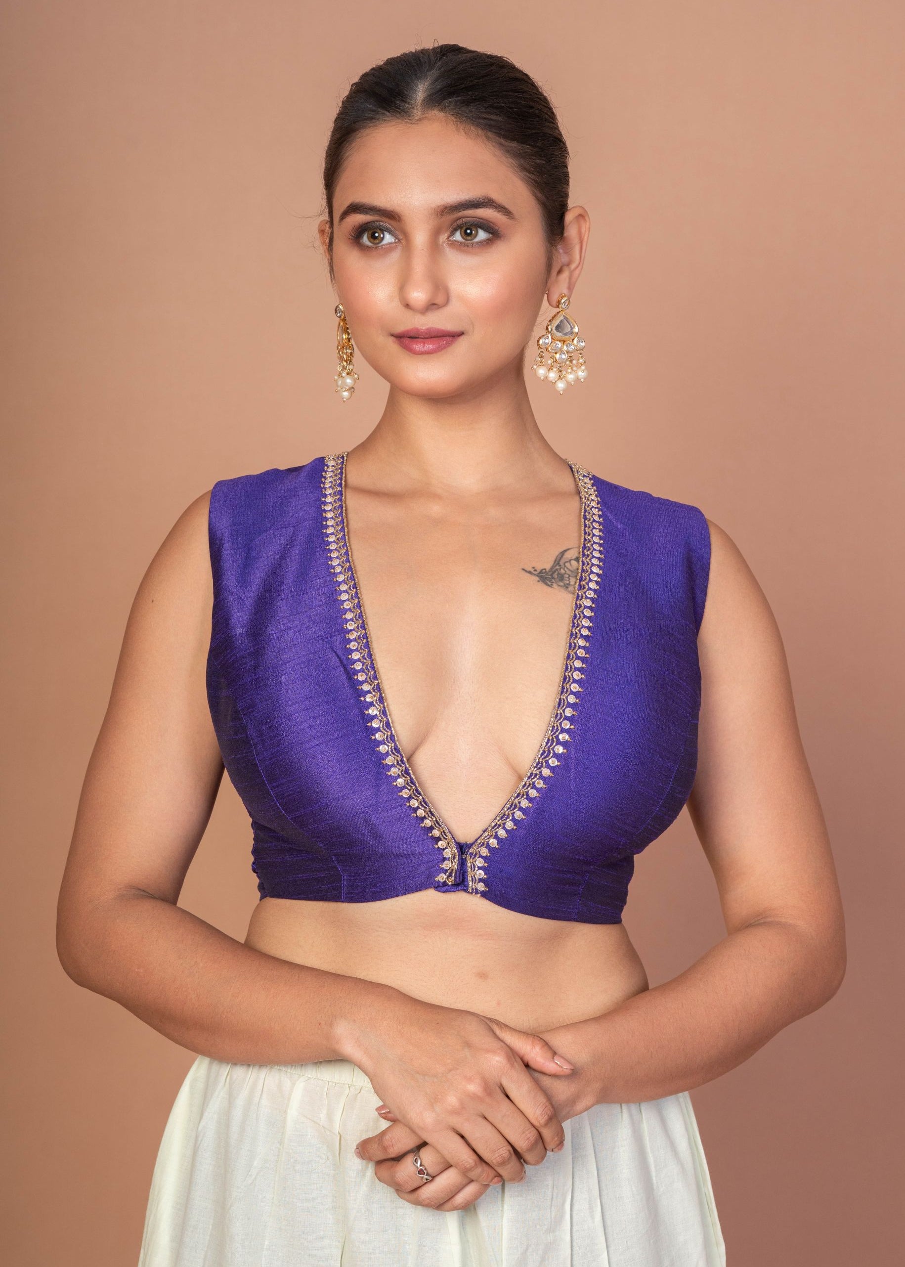 Royal Blue V Neckline Sleeveless Blouse With Embroidered Work
img 4