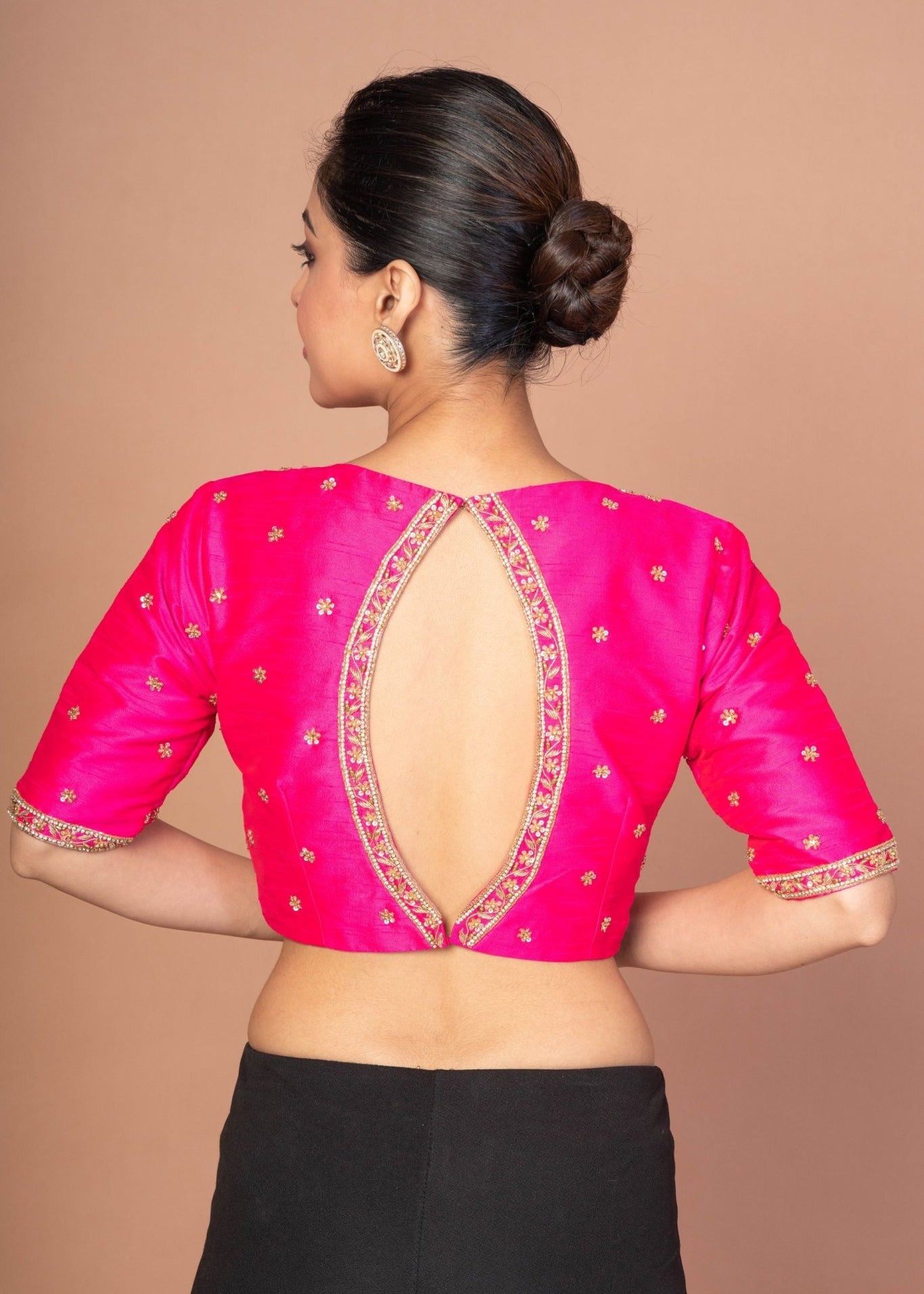 Hot Pink Hand Embroidered Blouse in Raw Silk With Boat Neckline and Back cutout - Anvi Couture