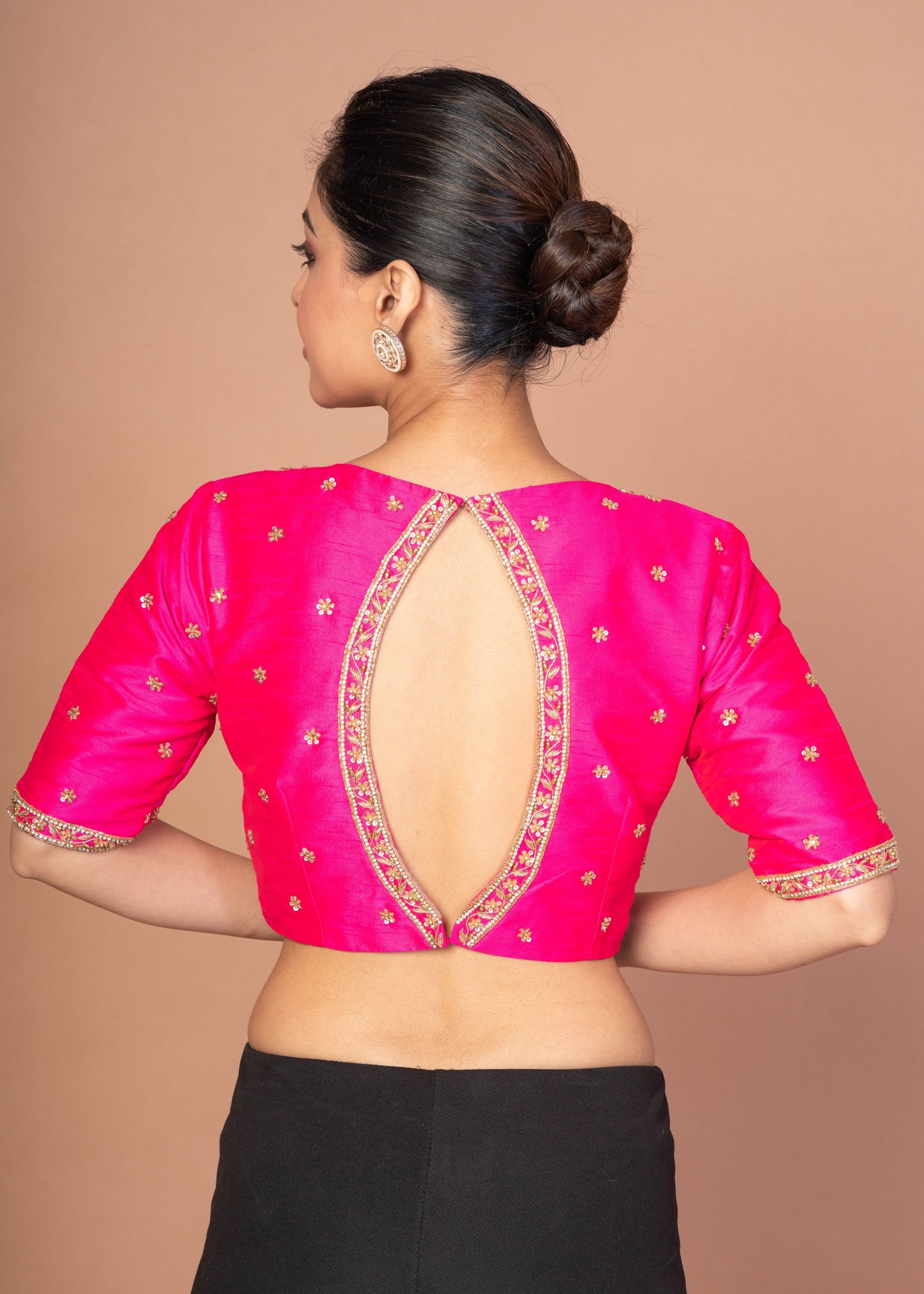 Hot Pink Hand Embroidered Blouse in Raw Silk With Boat Neckline and Back cutout
img 4