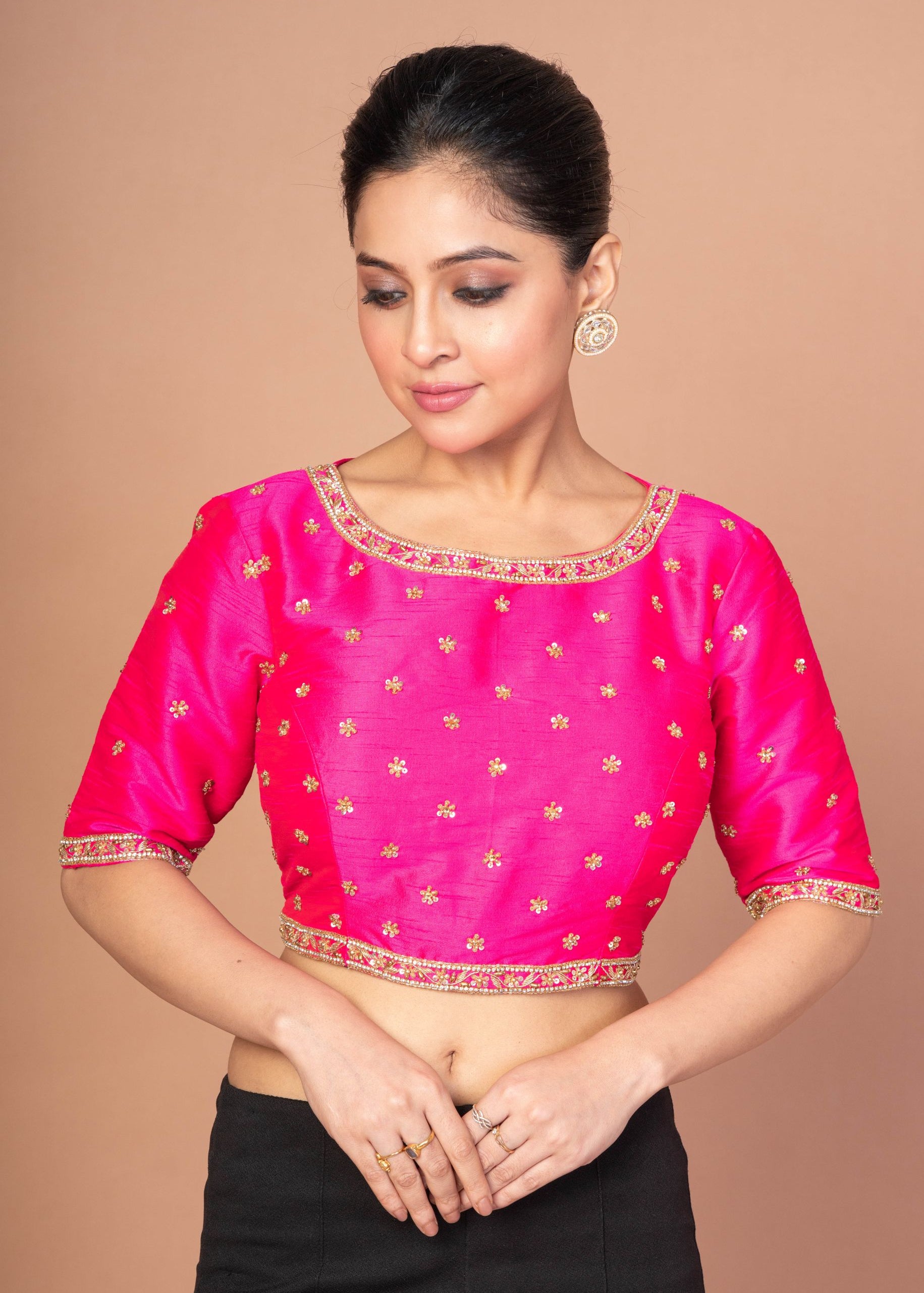 Hot Pink Hand Embroidered Blouse in Raw Silk With Boat Neckline and Back cutout
img 2