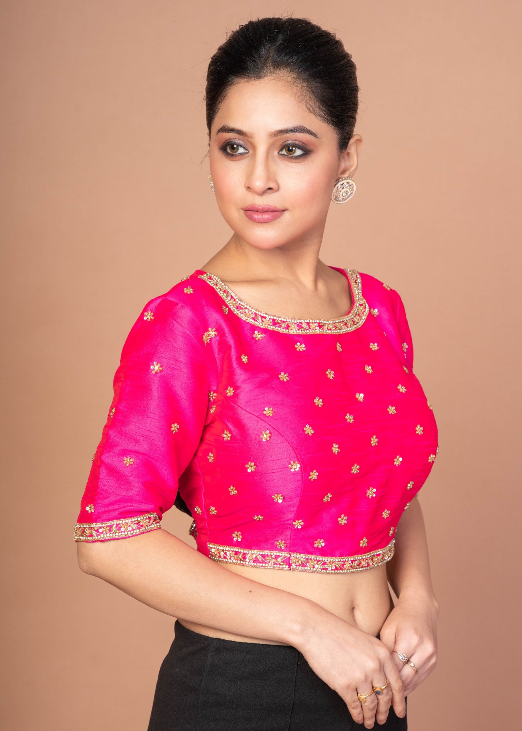 Hot Pink Hand Embroidered Blouse in Raw Silk With Boat Neckline and Back cutout
img 3