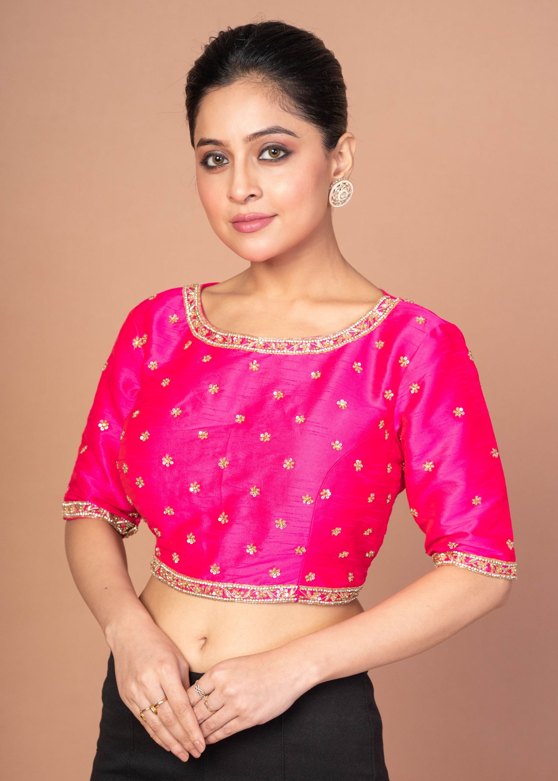 Hot Pink Hand Embroidered Blouse in Raw Silk With Boat Neckline and Back cutout
img 1