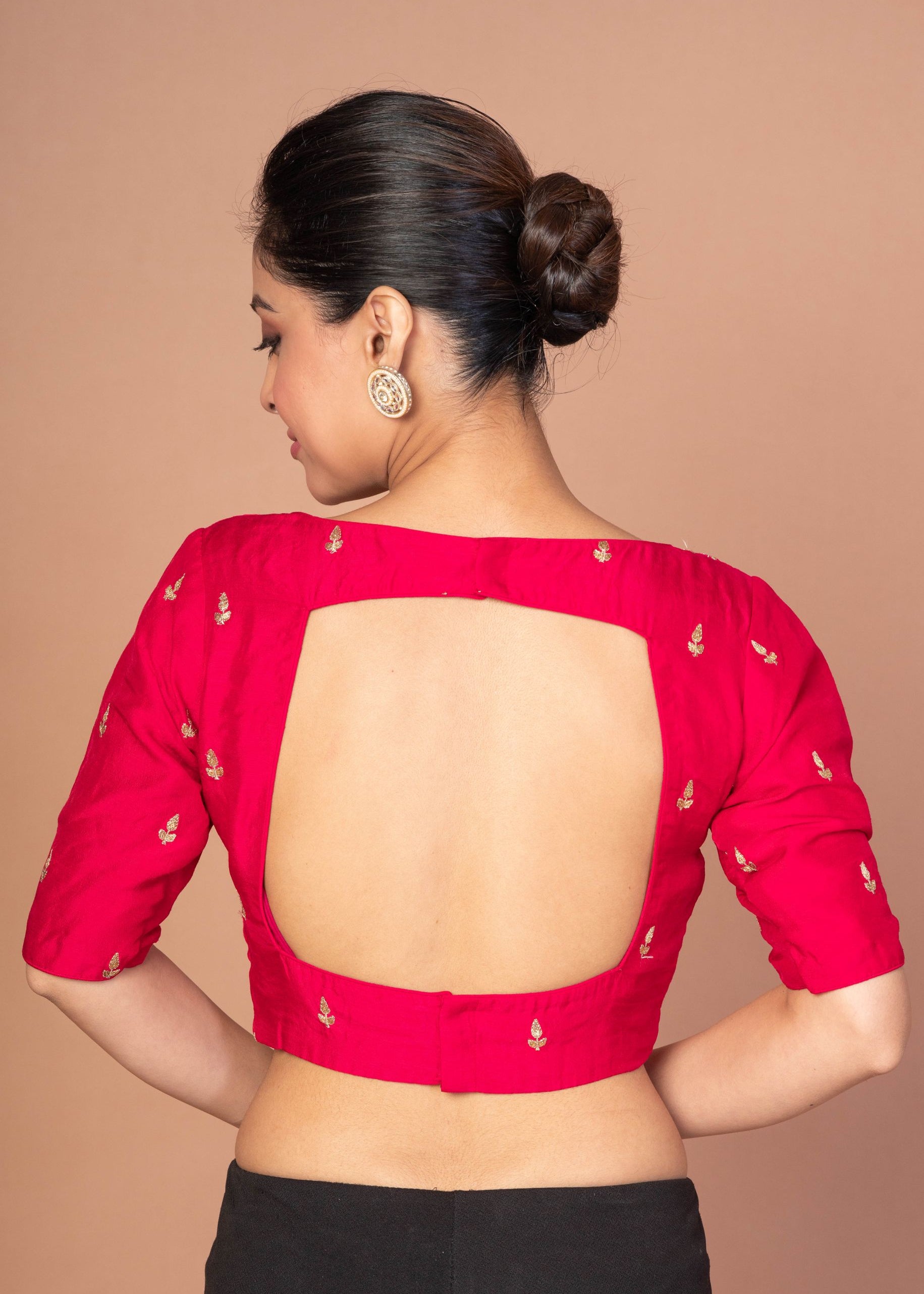  Dark Pink Boat Neck Raw Silk Blouse With Square Backcut out 
img 4