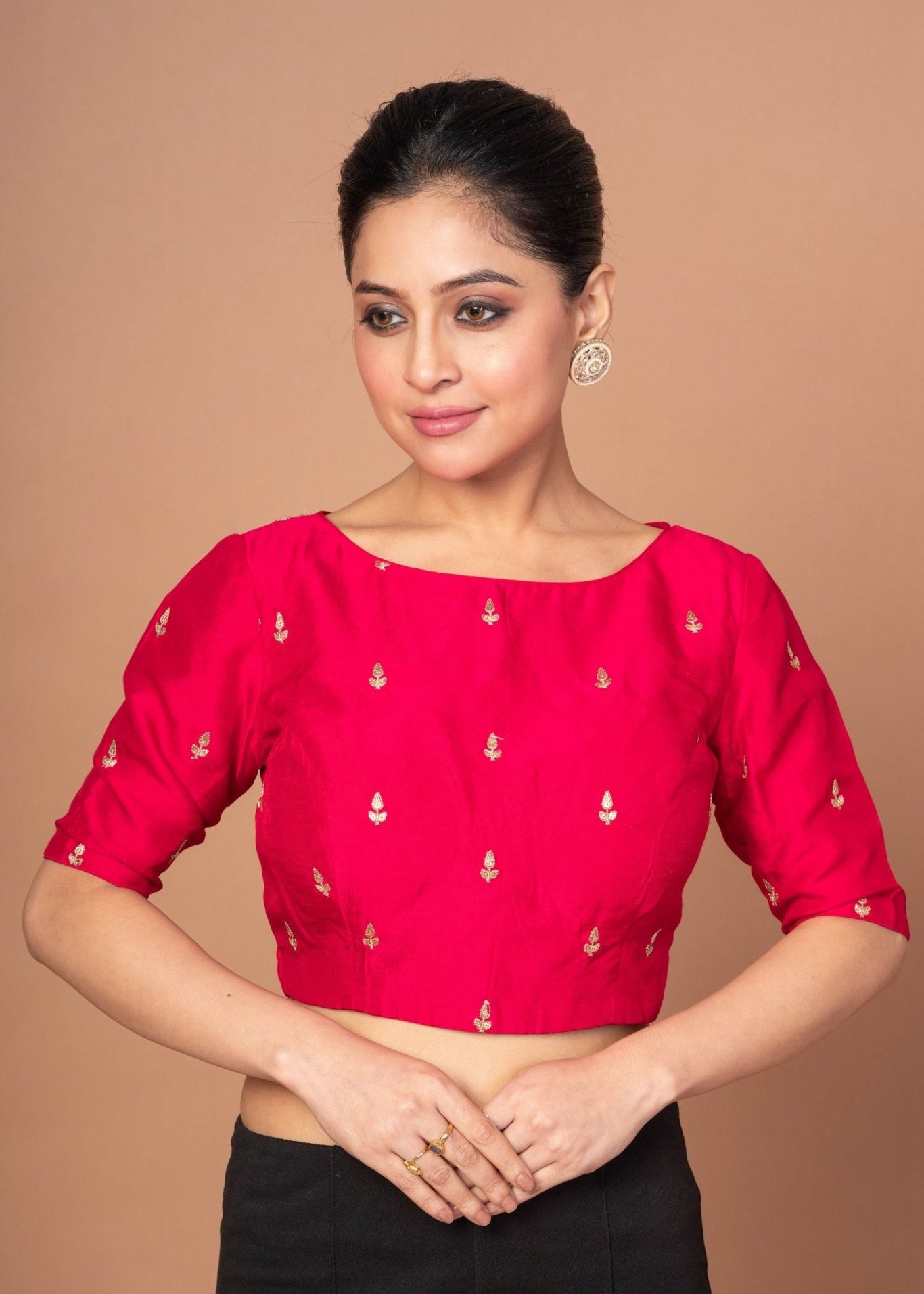 Dark Pink Boat Neck Raw Silk Blouse With Square Backcut out - Anvi Couture