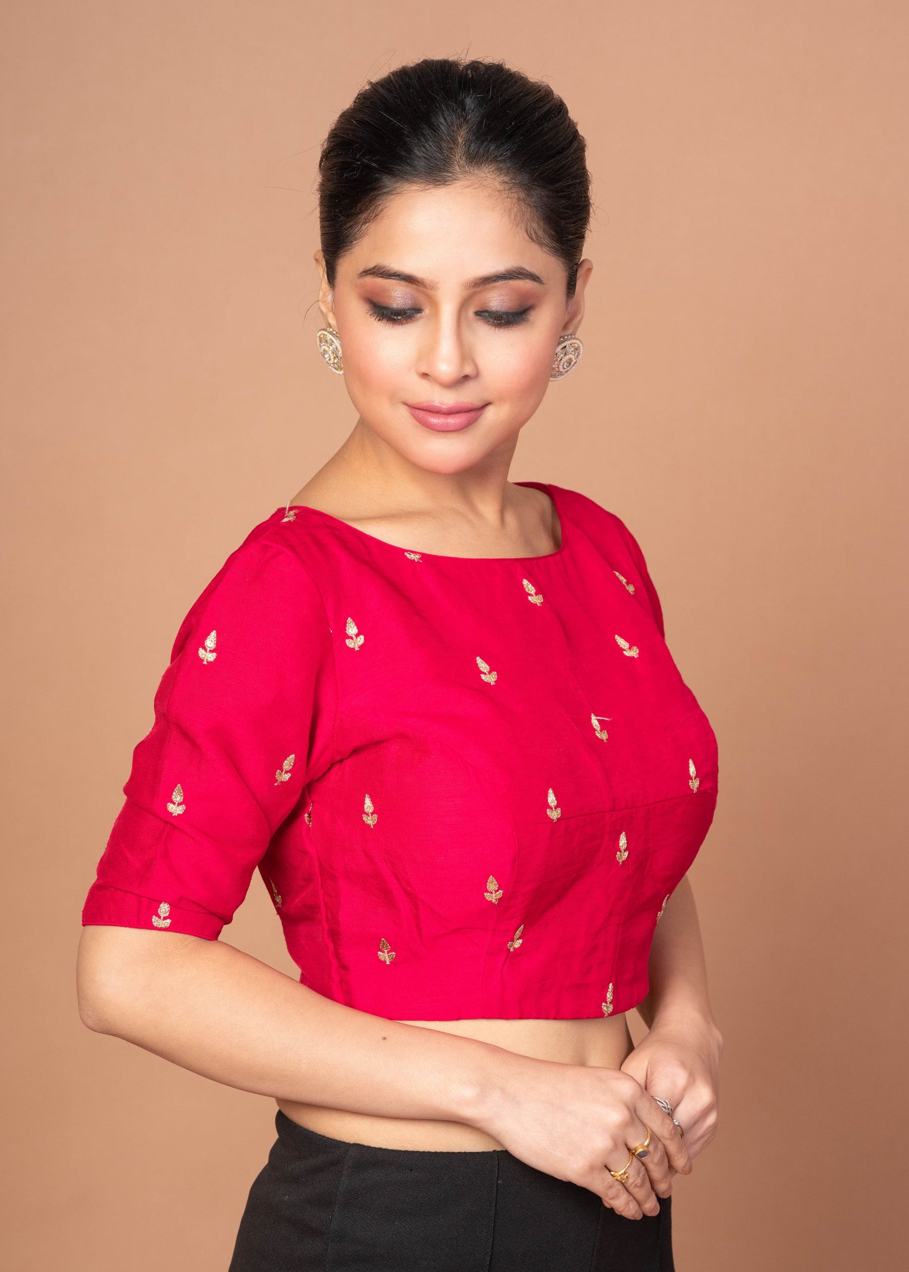  Dark Pink Boat Neck Raw Silk Blouse With Square Backcut out 
img 3