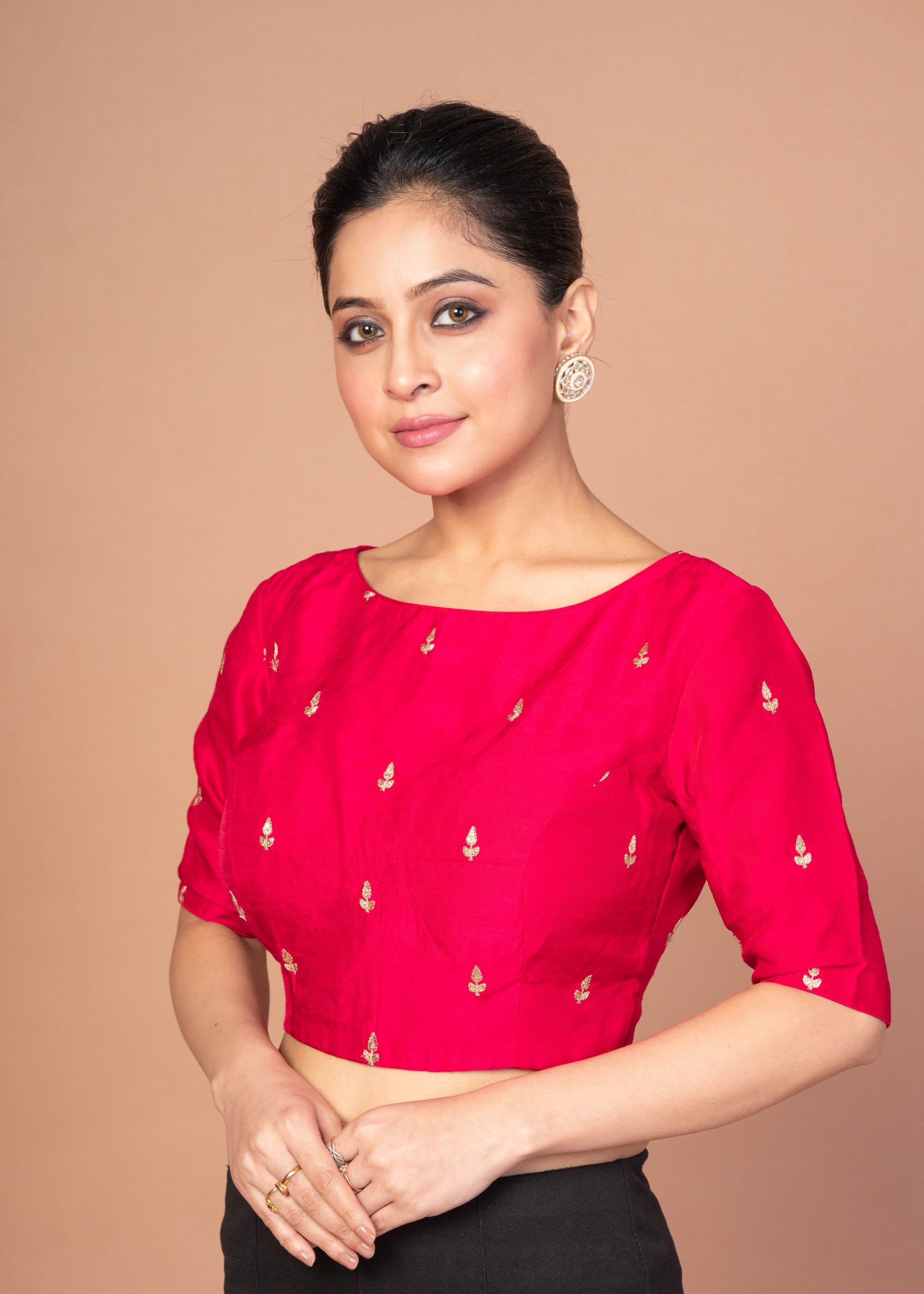  Dark Pink Boat Neck Raw Silk Blouse With Square Backcut out 
img 1