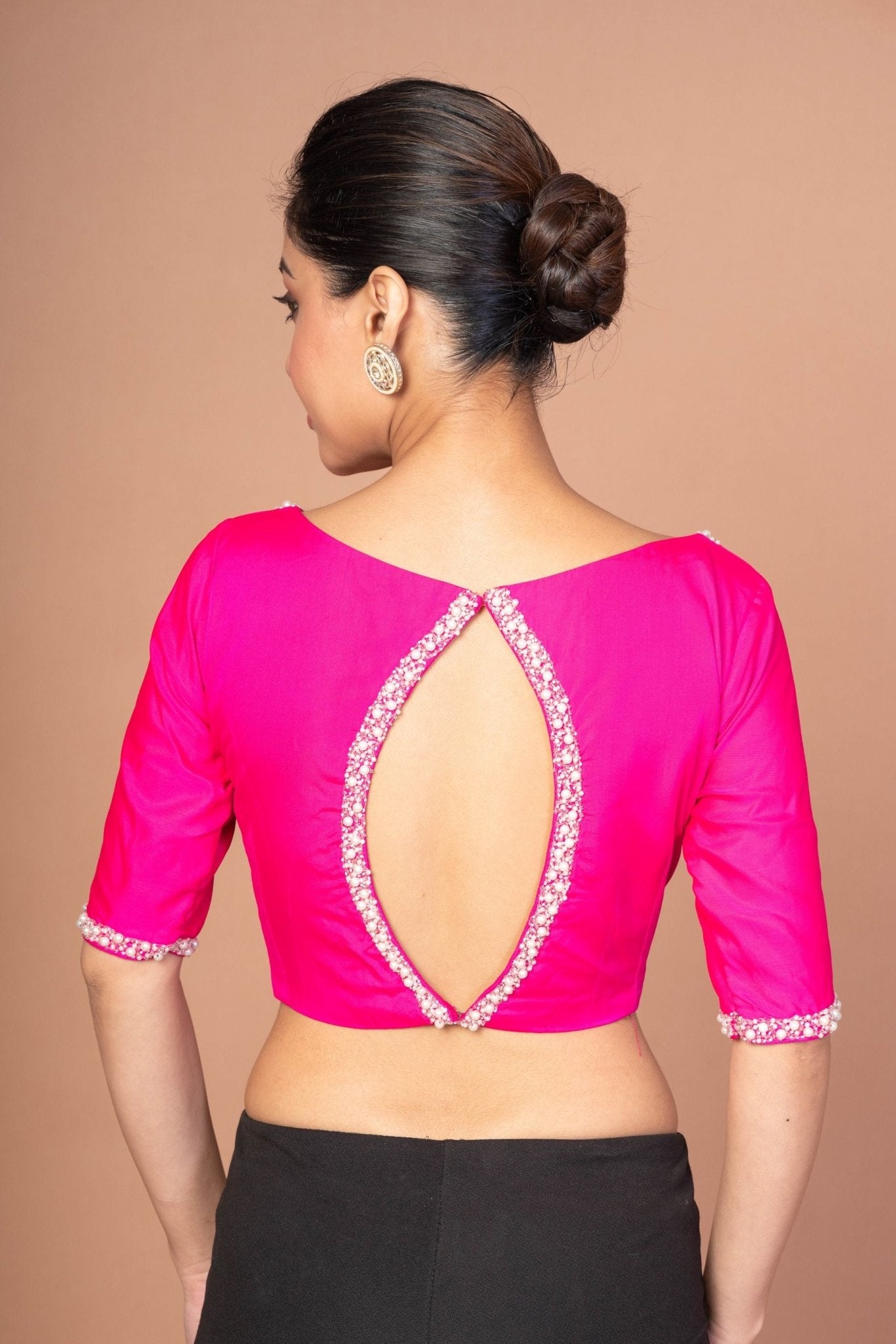 Rose Pink Silk Blouse with Pearl Embroidered Work with Boat Neck and Back Cutout - Anvi Couture