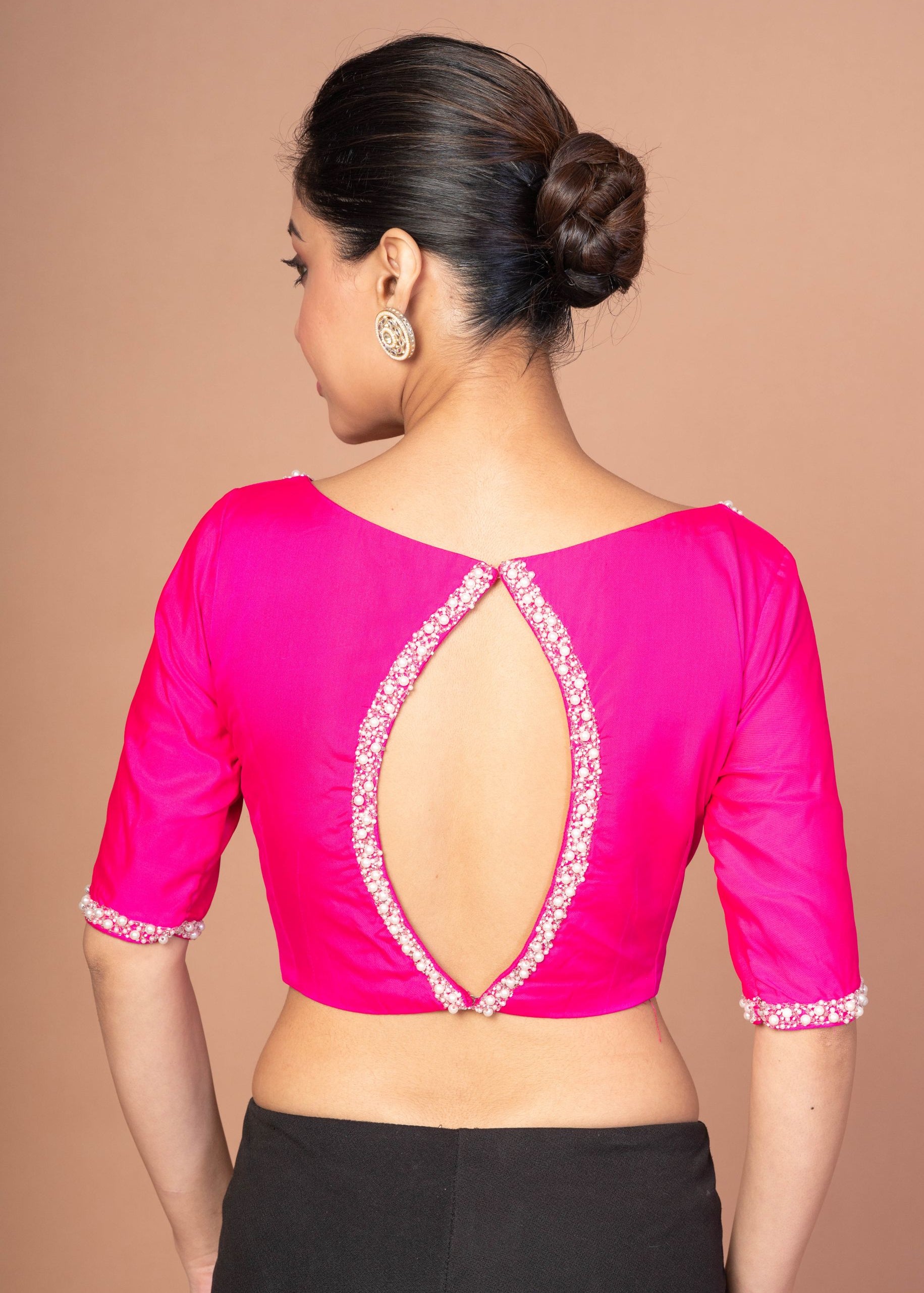Rose Pink Silk Blouse with Pearl Embroidered Work with Boat Neck and Back Cutout - image 4