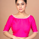 Rose Pink Silk Blouse with Pearl Embroidered Work with Boat Neck and Back Cutout - image 1