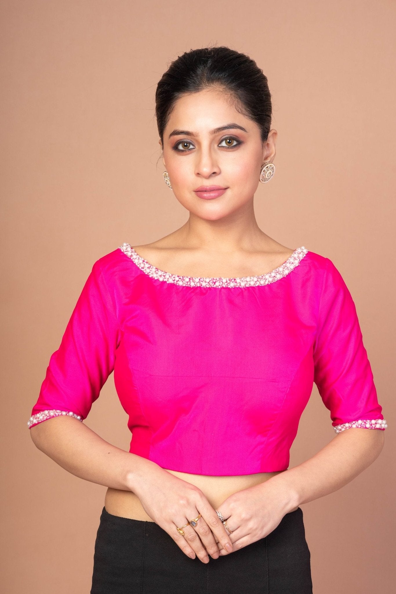 Rose Pink Silk Blouse with Pearl Embroidered Work with Boat Neck and Back Cutout - Anvi Couture