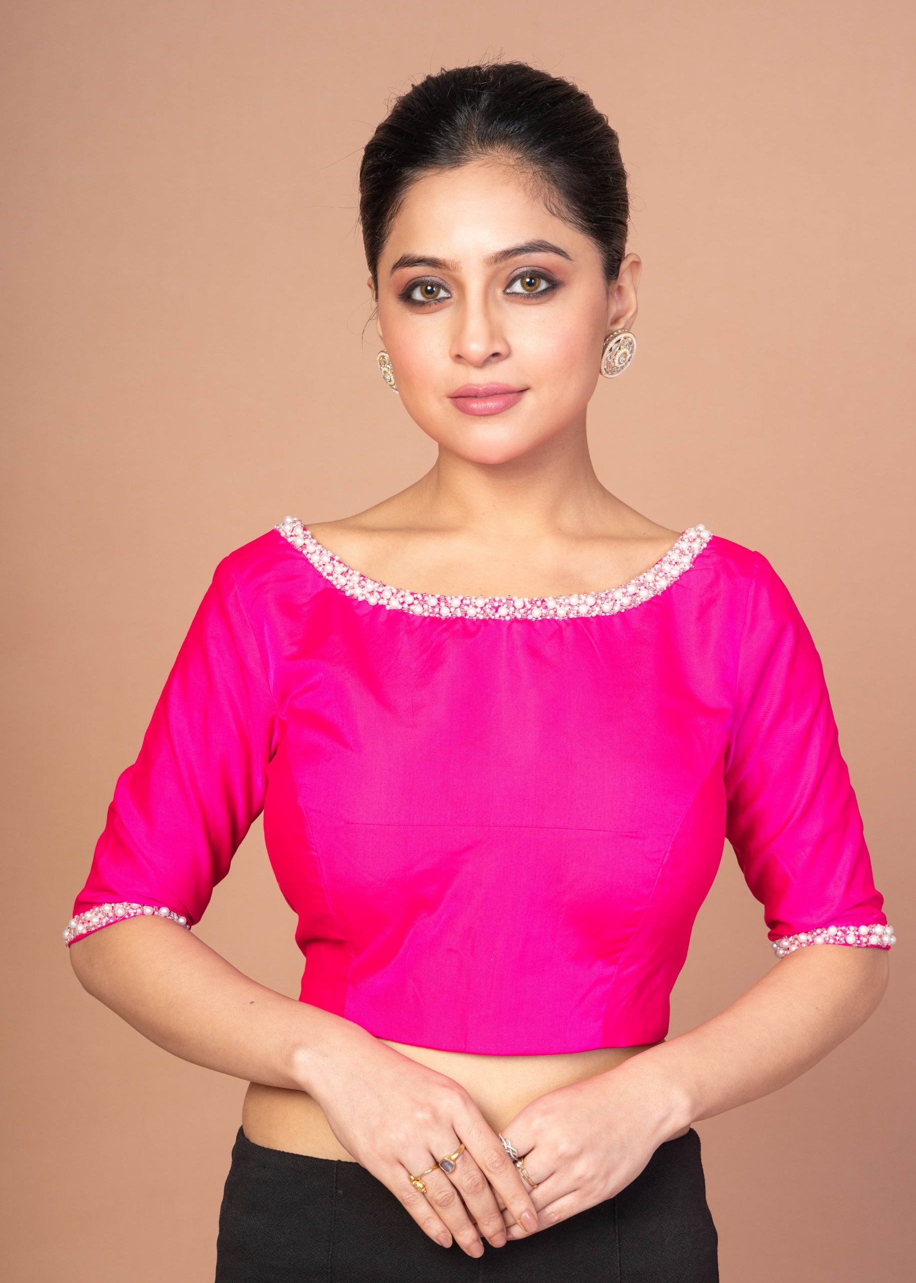 Rose Pink Silk Blouse with Pearl Embroidered Work with Boat Neck and Back Cutout - image 1