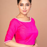 Rose Pink Silk Blouse with Pearl Embroidered Work with Boat Neck and Back Cutout - image 2