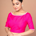 Rose Pink Silk Blouse with Pearl Embroidered Work with Boat Neck and Back Cutout - image 3