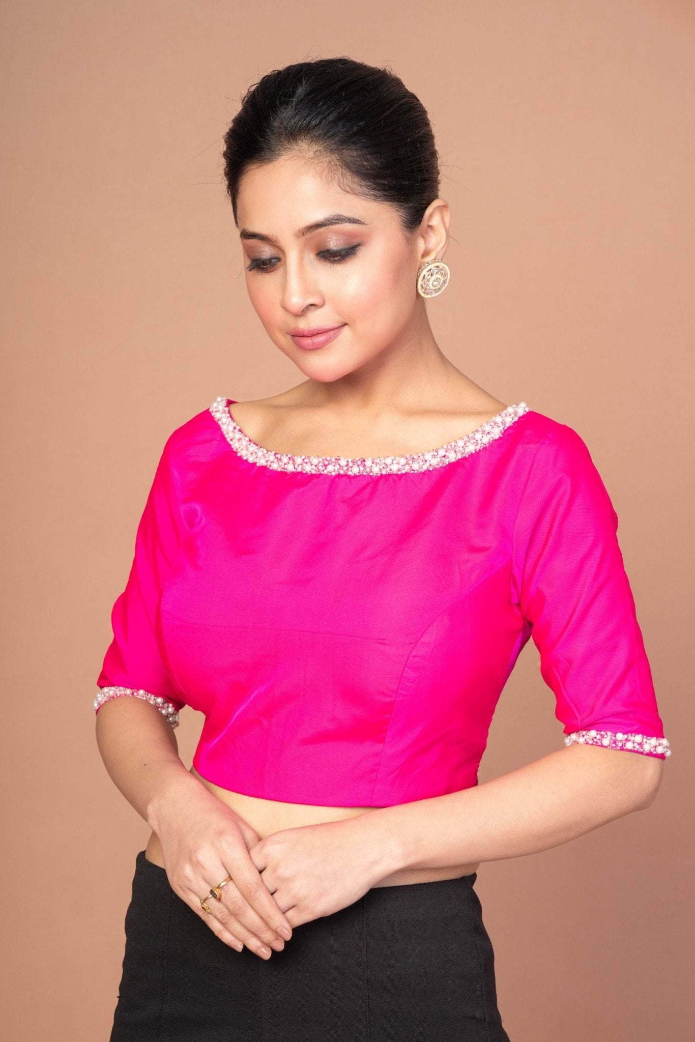 Rose Pink Silk Blouse with Pearl Embroidered Work with Boat Neck and Back Cutout - Anvi Couture