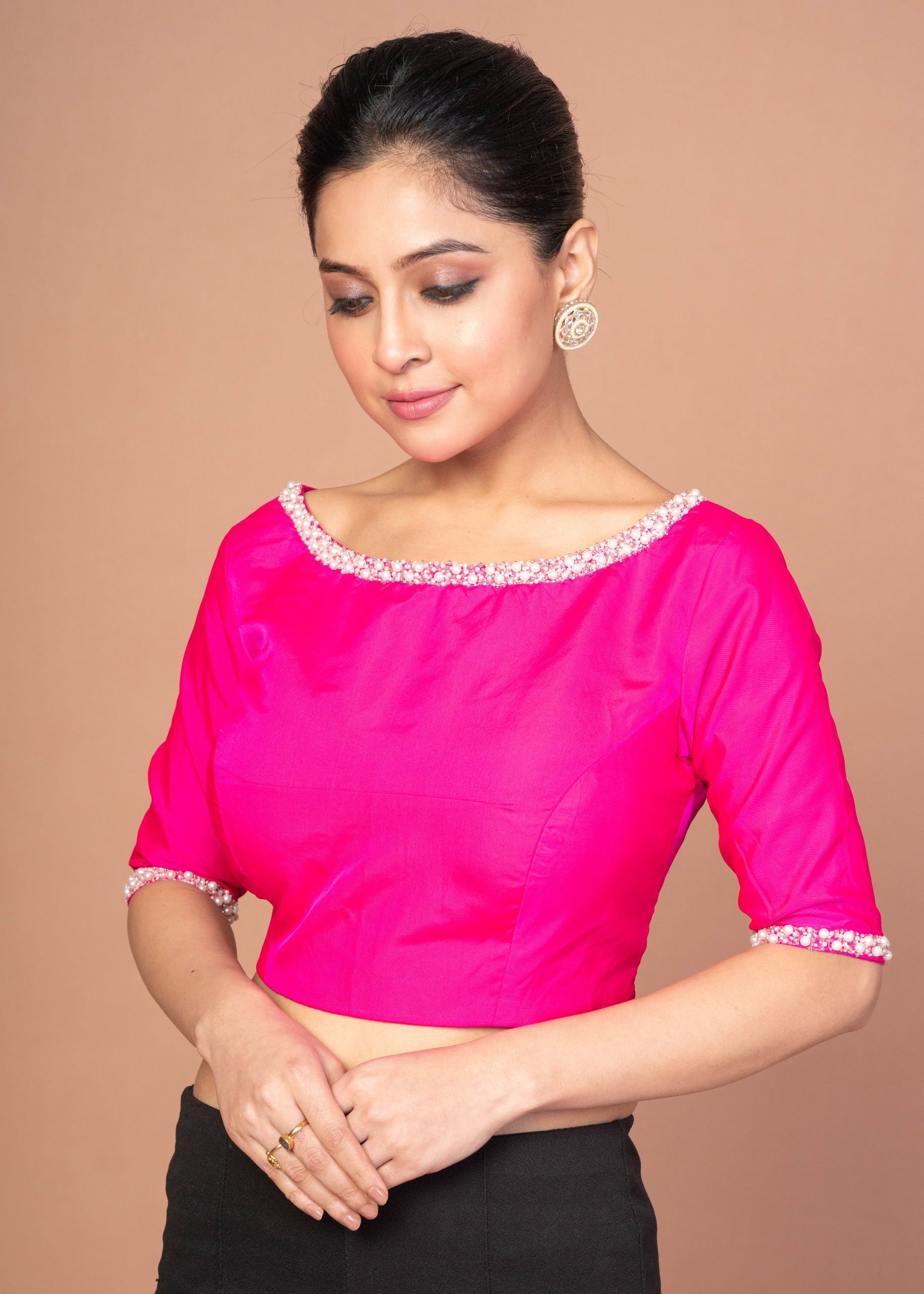 Rose Pink Silk Blouse with Pearl Embroidered Work with Boat Neck and Back Cutout - image 3