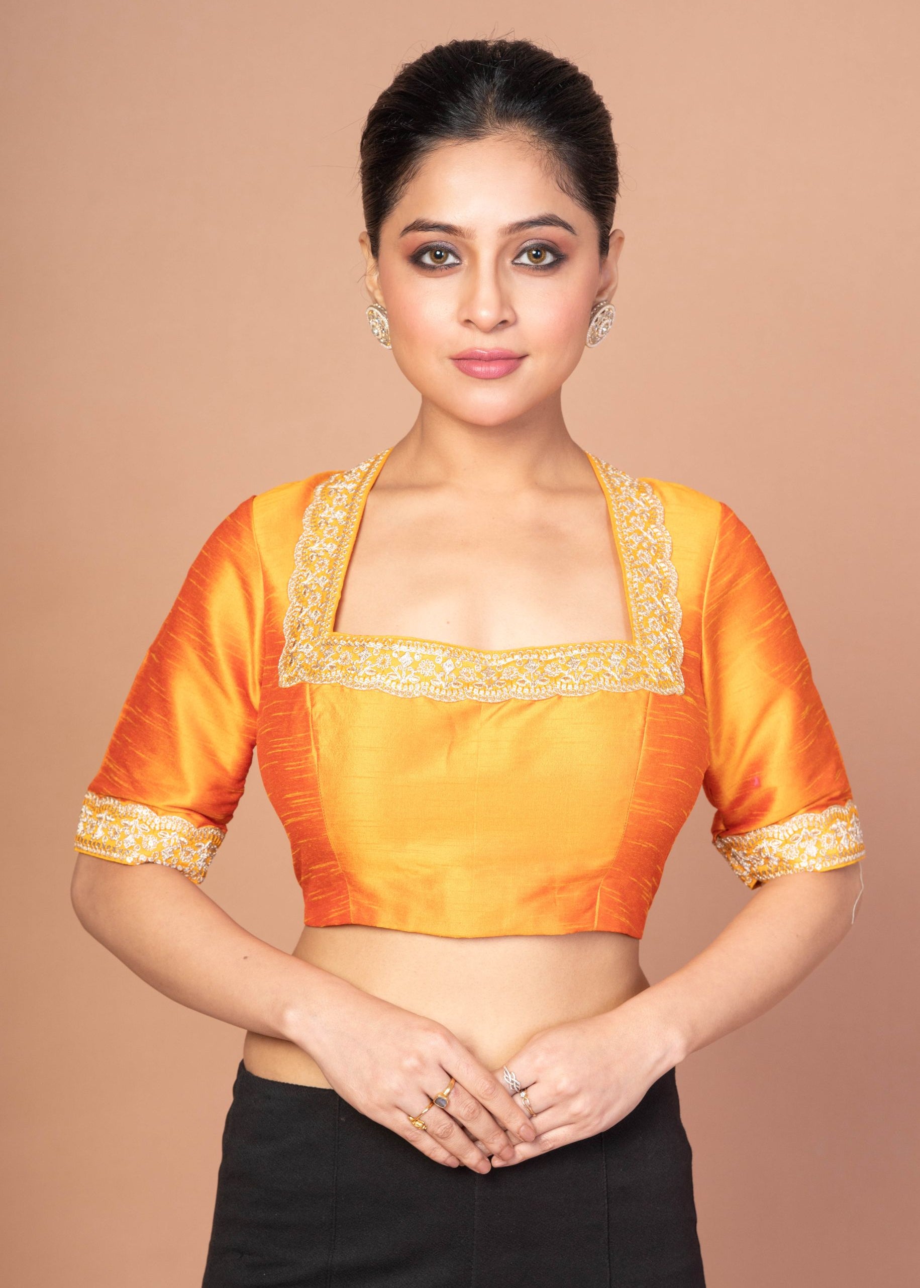 Raw Silk Yellow Blouse in Halter Square Neckline With Hand Embroirdered Work
img 1