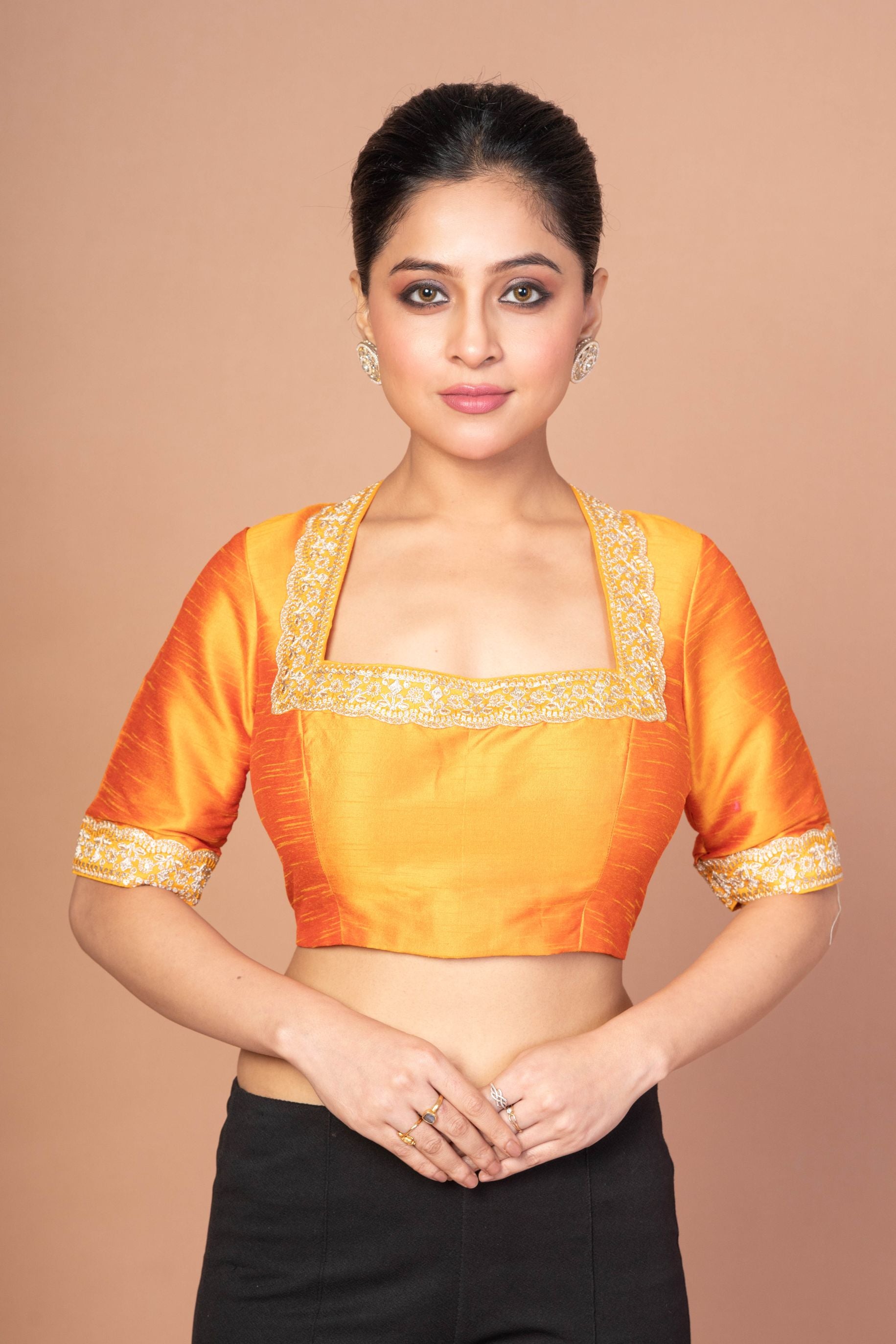 Raw Silk Yellow Blouse in Halter Square Neckline With Hand Embroirdered Work
img 1