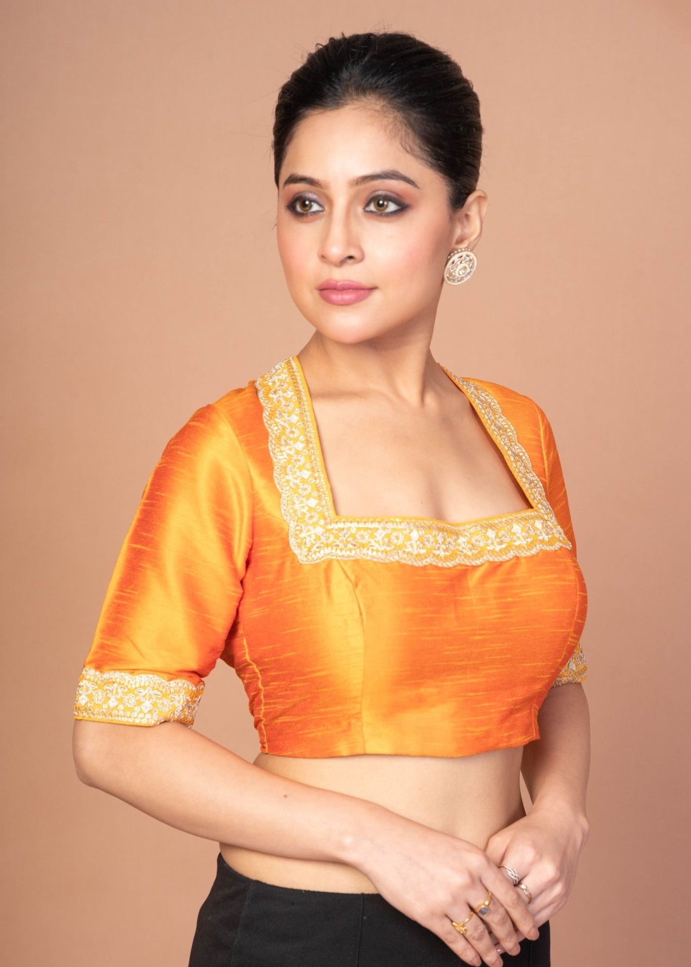 Raw Silk Yellow Blouse in Halter Square Neckline With Hand Embroirdered Work - Anvi Couture