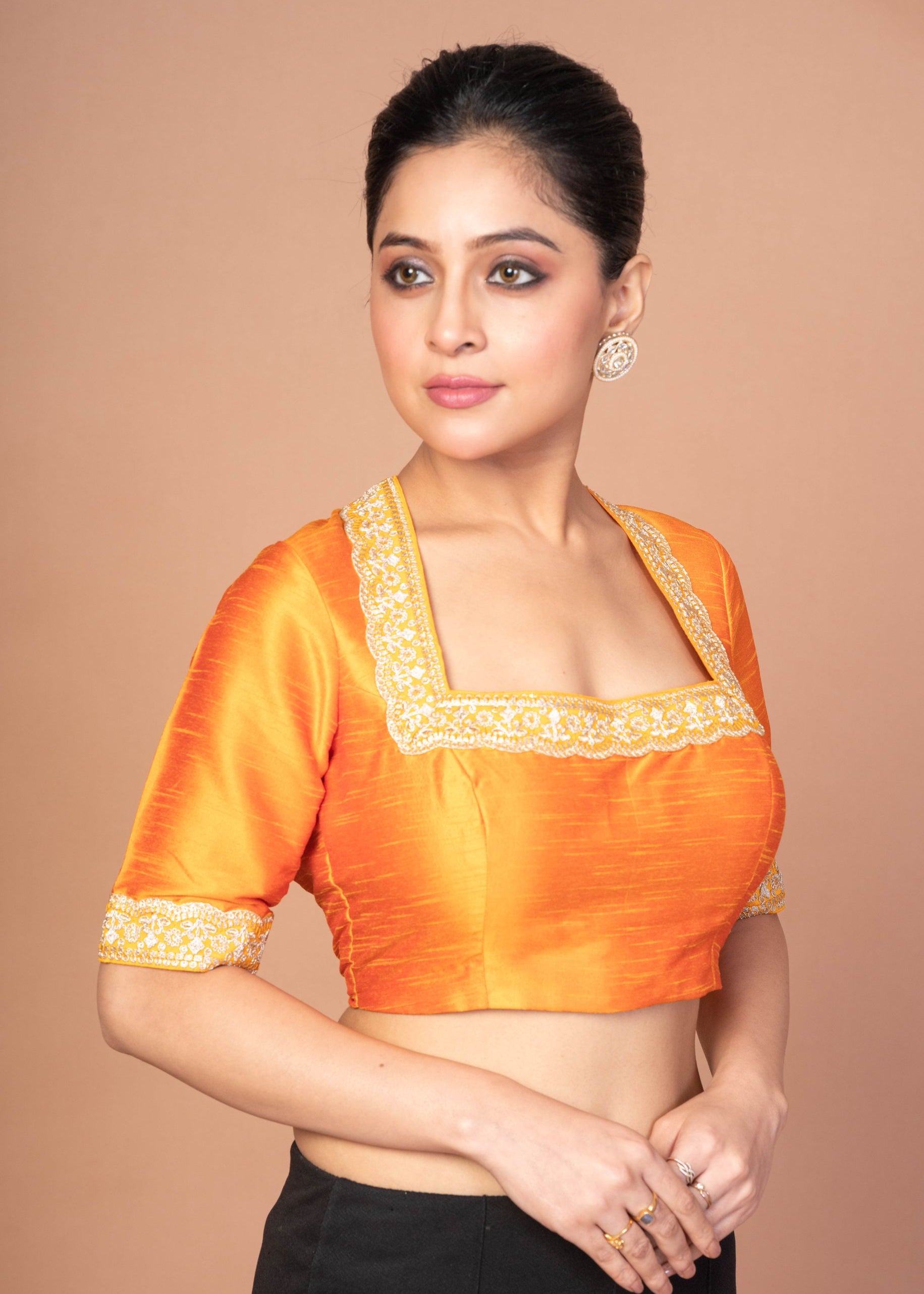 Raw Silk Yellow Blouse in Halter Square Neckline With Hand Embroirdered Work
img 2