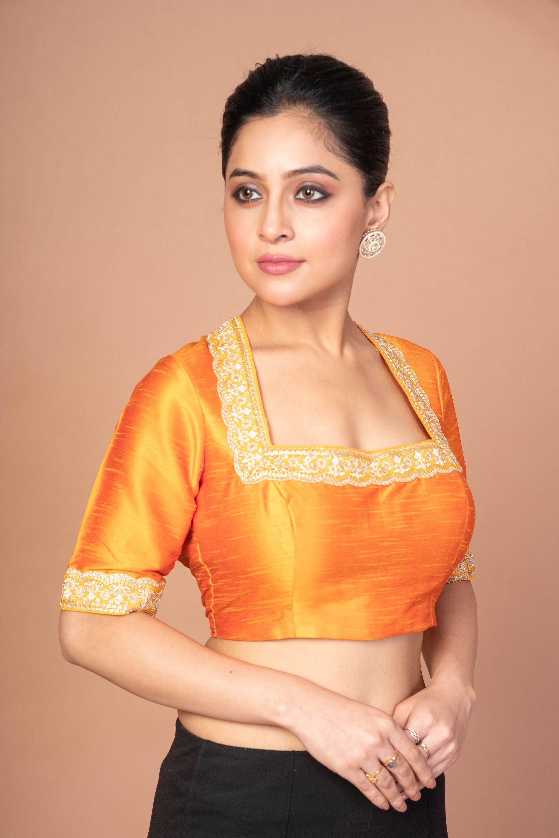 Raw Silk Yellow Blouse in Halter Square Neckline With Hand Embroirdered Work
img 2