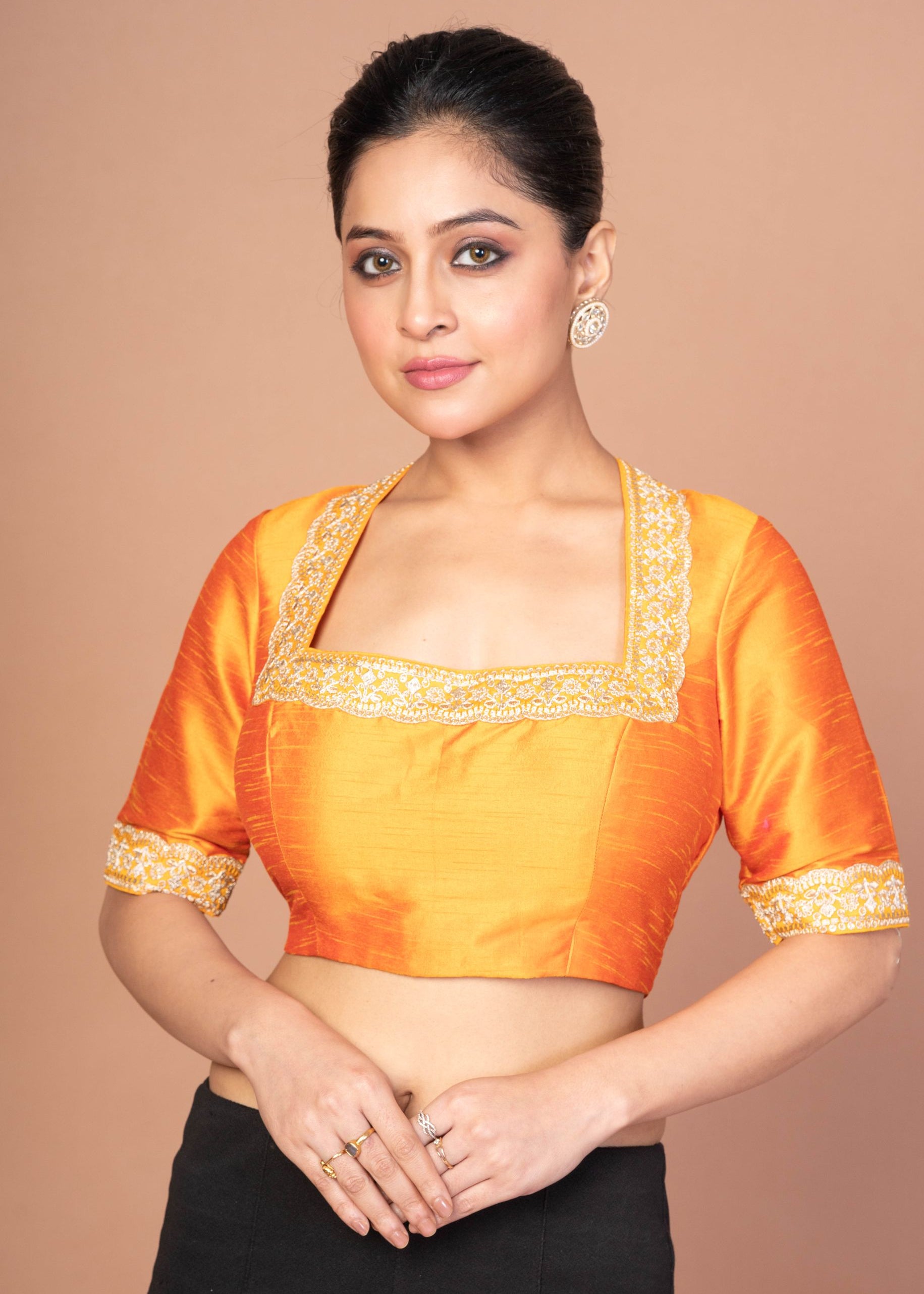 Raw Silk Yellow Blouse in Halter Square Neckline With Hand Embroirdered Work
img 3