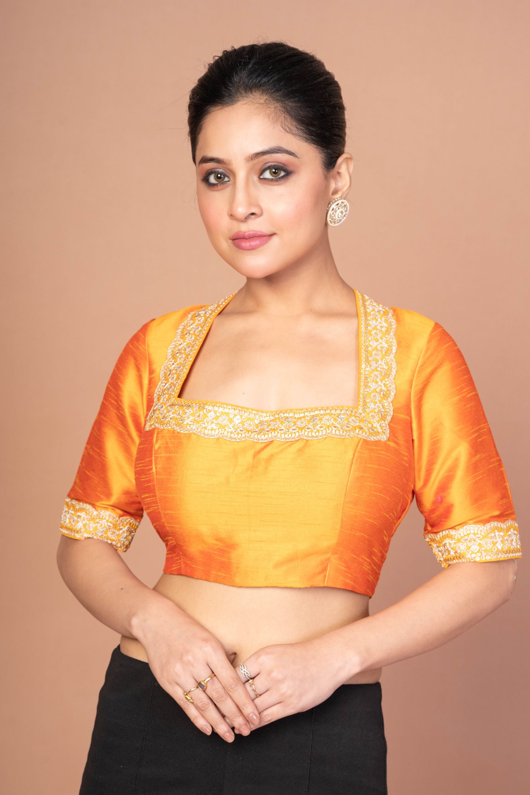 Raw Silk Yellow Blouse in Halter Square Neckline With Hand Embroirdered Work
img 3