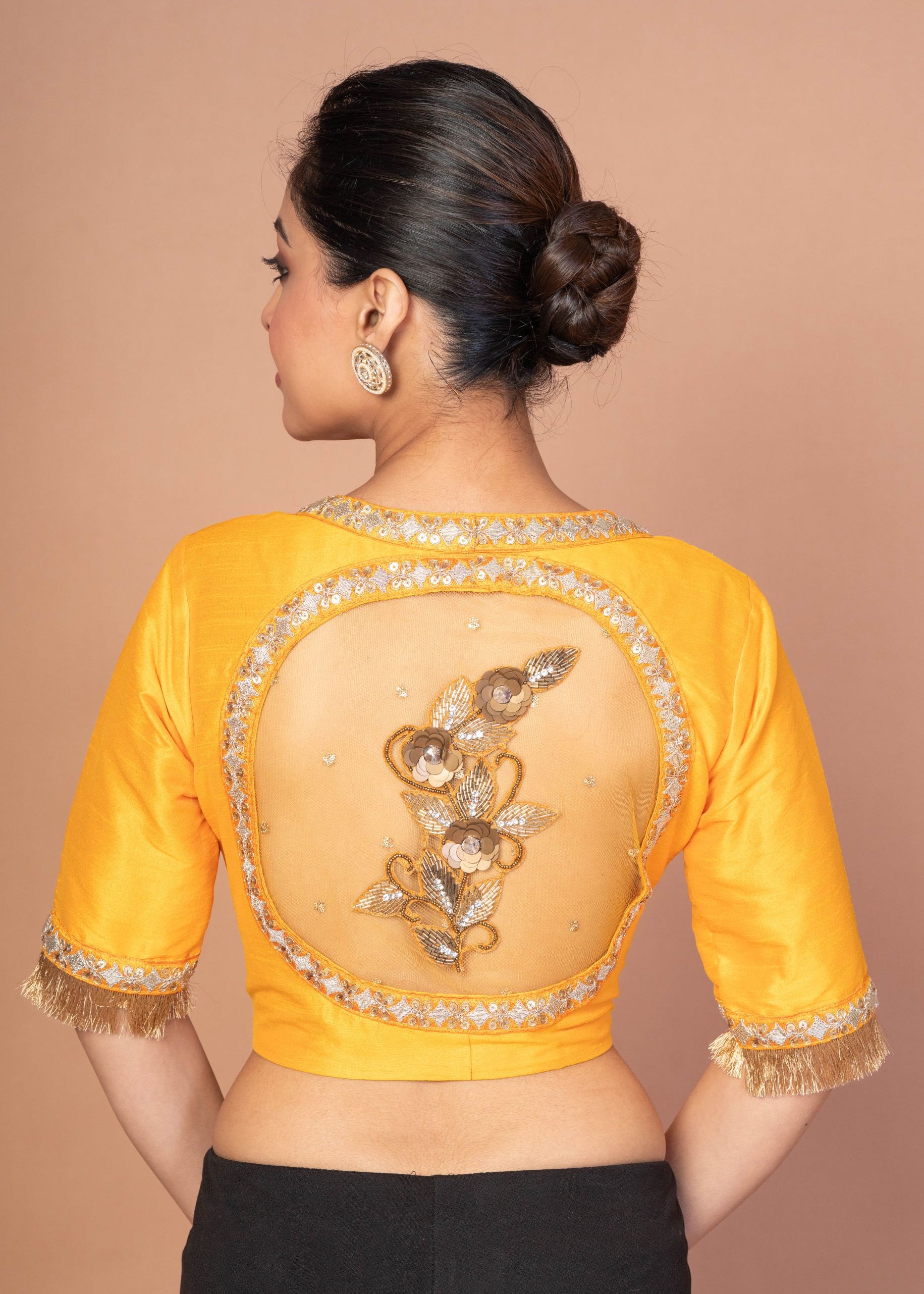 Yellow Raw Silk Blouse with Round Net Embroidered Work in Back and Sweet Heart img 2