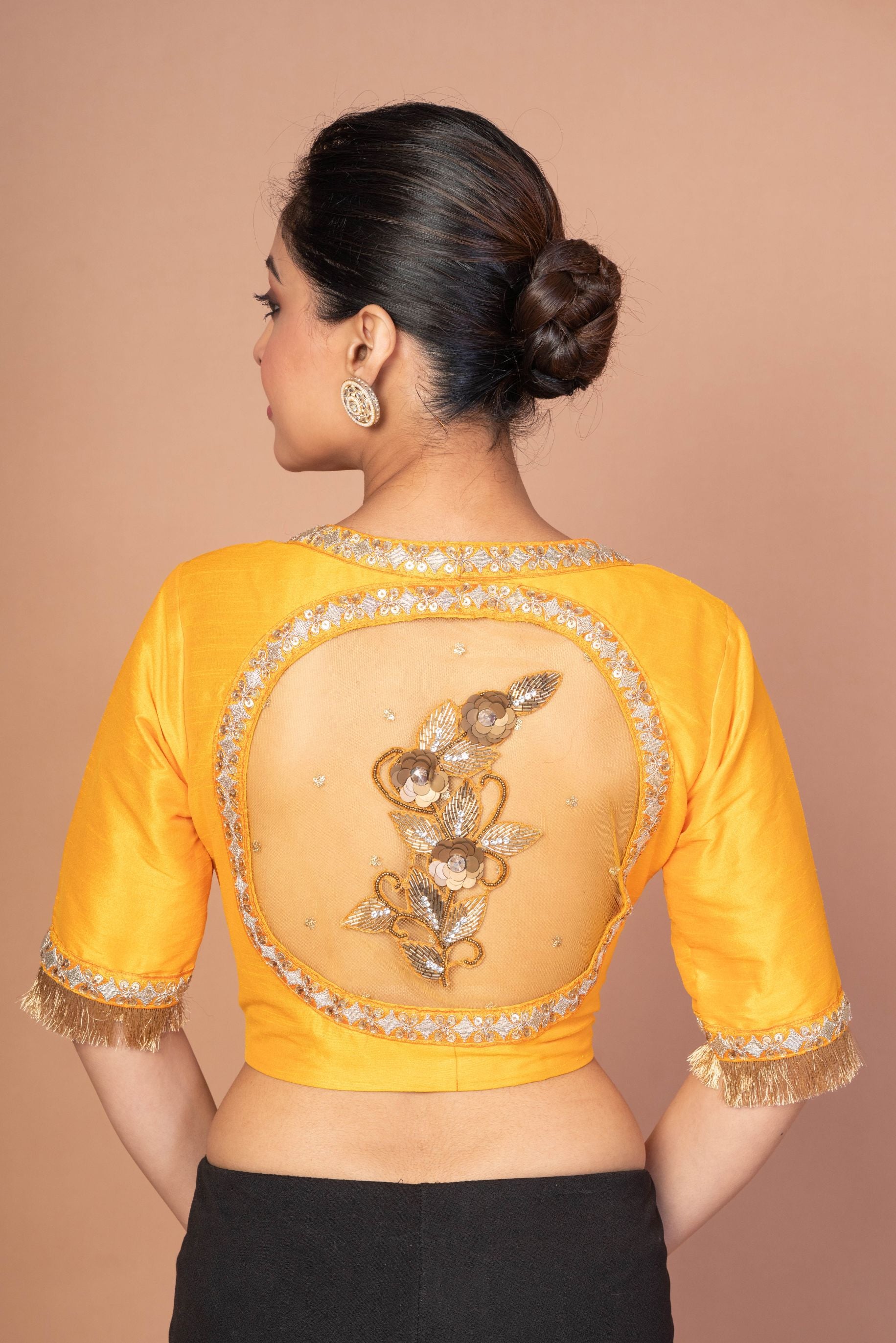 Yellow Raw Silk Blouse with Round Net Embroidered Work in Back and Sweet Heart img 2