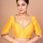Yellow Raw Silk Blouse with Round Net Embroidered Work in Back and Sweet Heart img 1