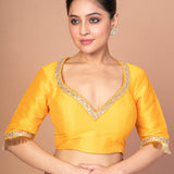 Yellow Raw Silk Blouse with Round Net Embroidered Work in Back and Sweet Heart img 1