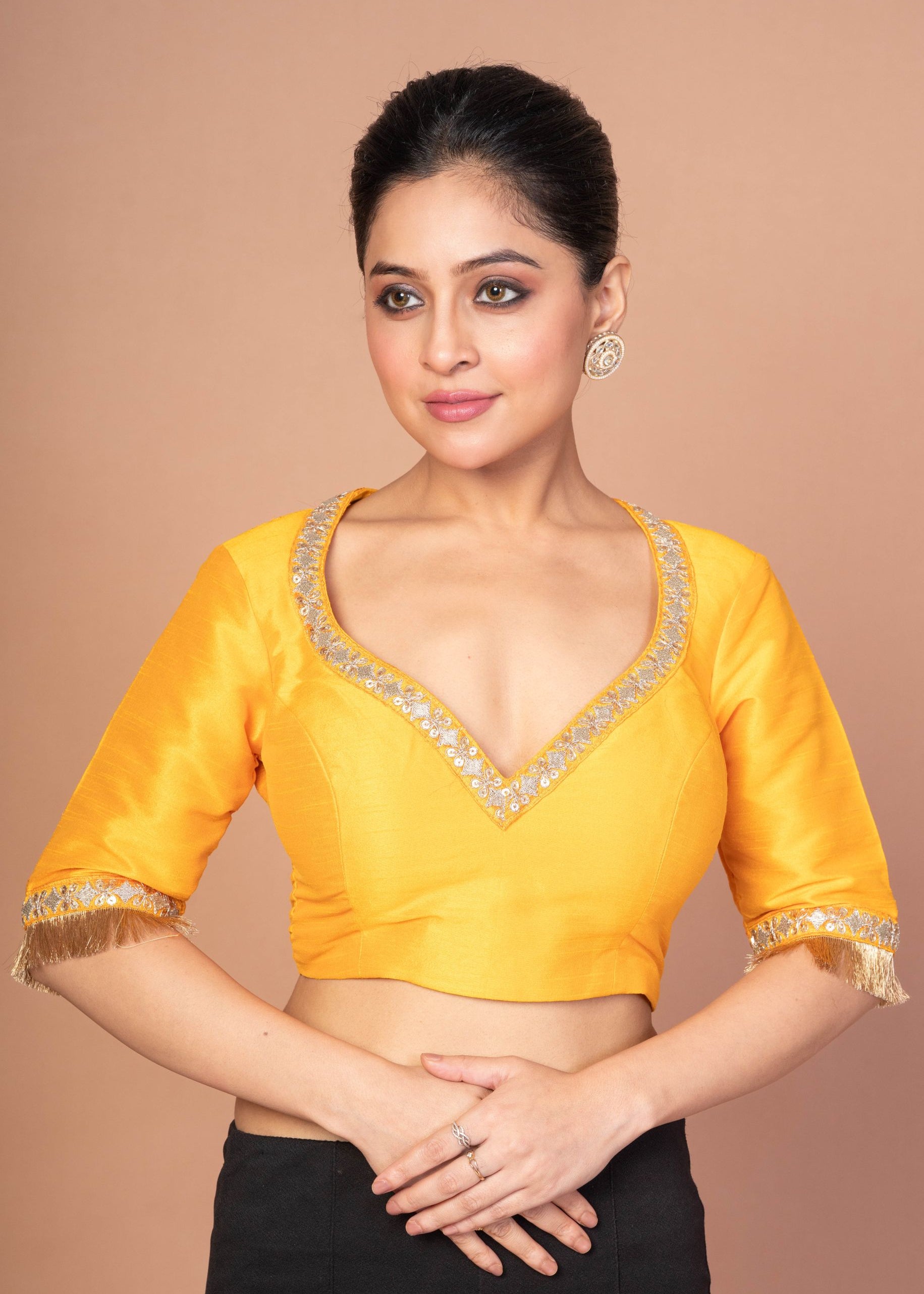Yellow Raw Silk Blouse with Round Net Embroidered Work in Back and Sweet Heart img 1