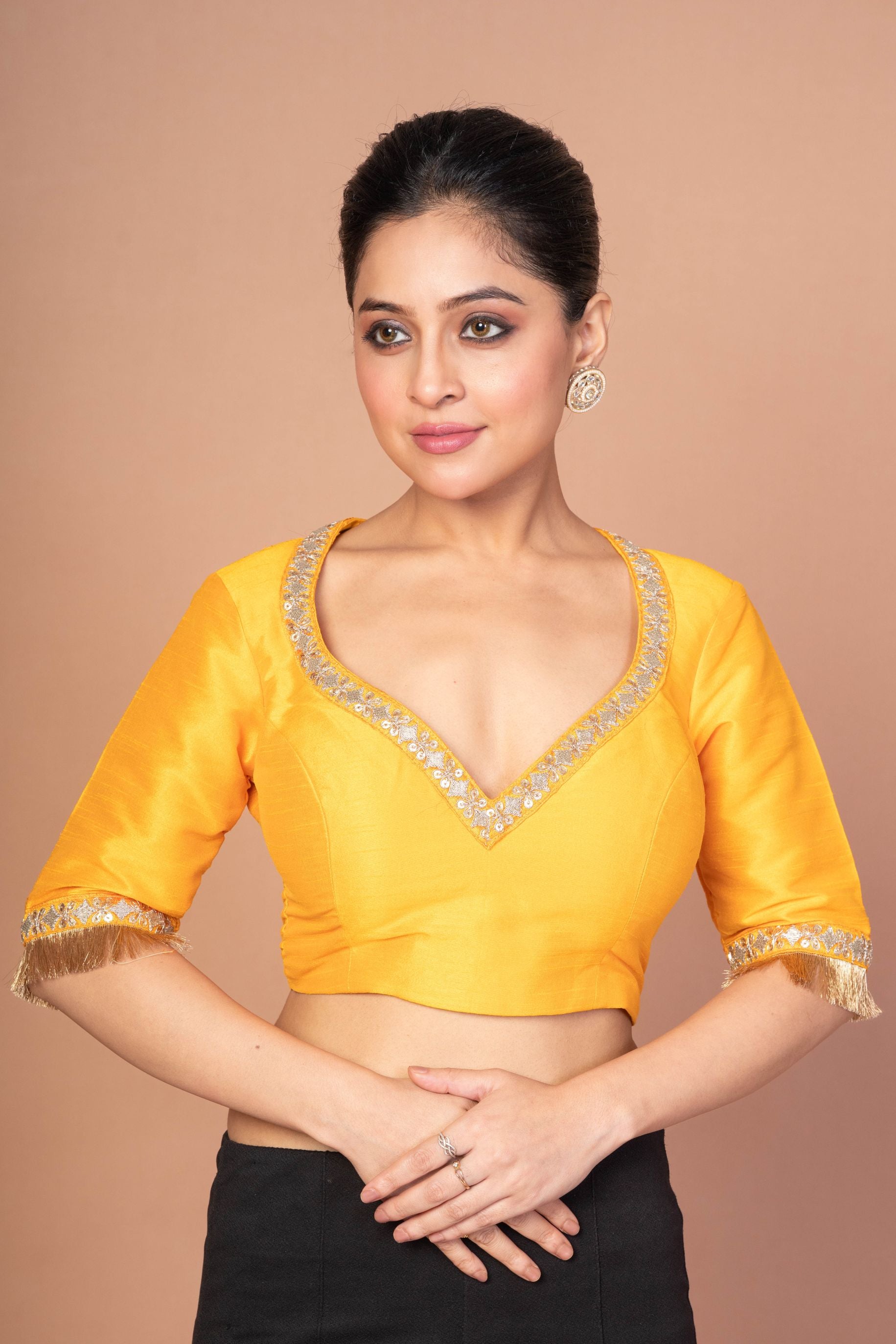 Yellow Raw Silk Blouse with Round Net Embroidered Work in Back and Sweet Heart img 1