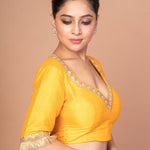Yellow Raw Silk Blouse with Round Net Embroidered Work in Back and Sweet Heart img 3