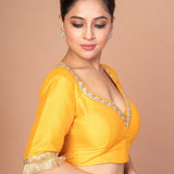 Yellow Raw Silk Blouse with Round Net Embroidered Work in Back and Sweet Heart img 3