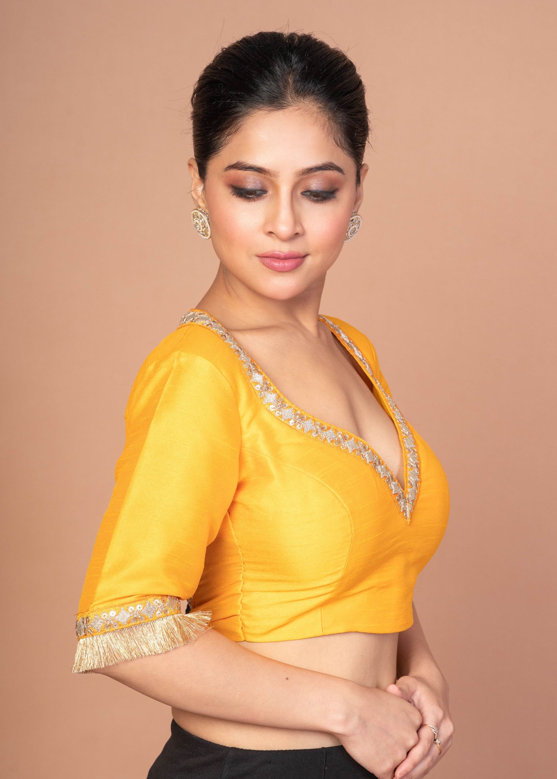 Yellow Raw Silk Blouse with Round Net Embroidered Work in Back and Sweet Heart img 3