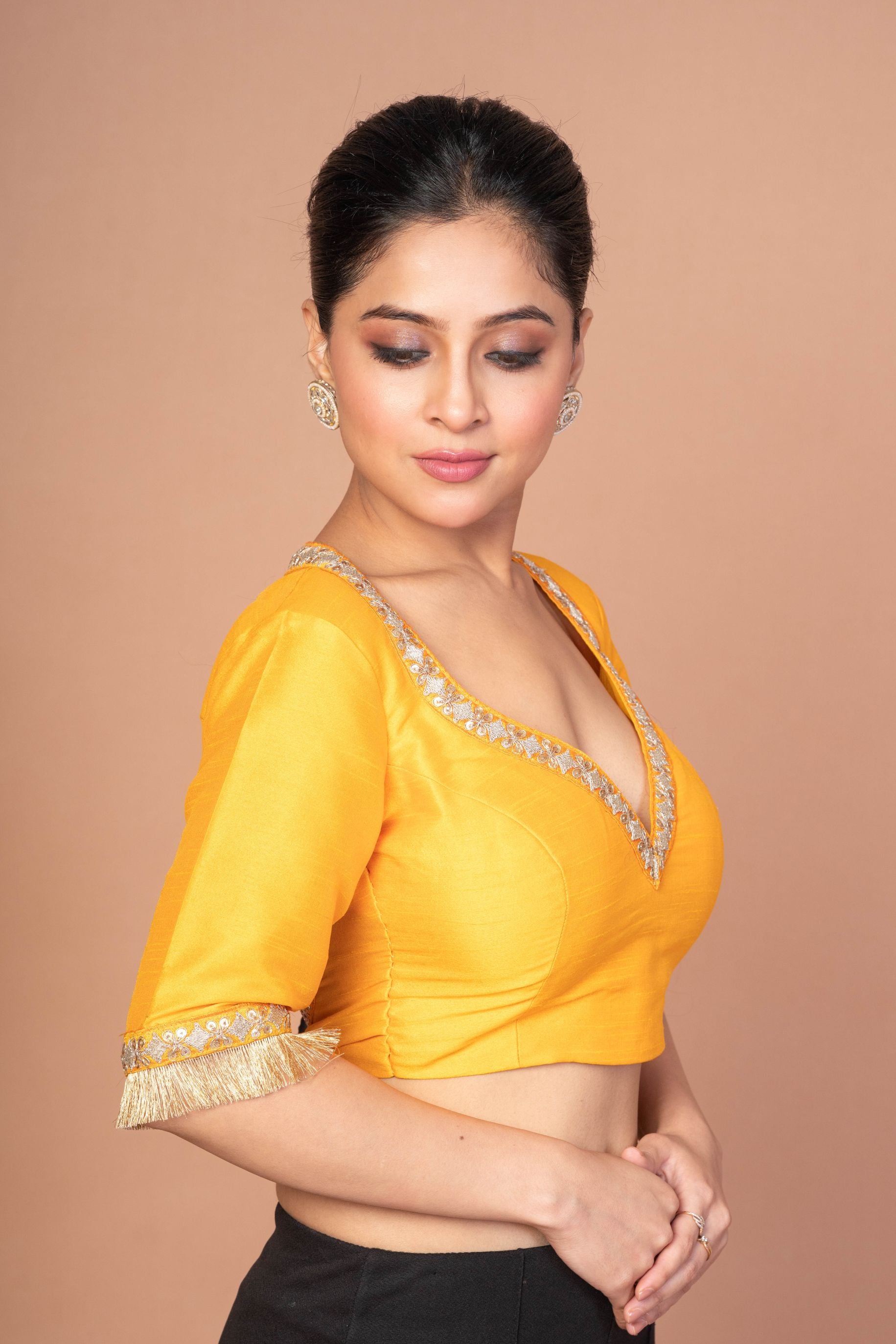 Yellow Raw Silk Blouse with Round Net Embroidered Work in Back and Sweet Heart img 3