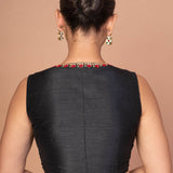 Black Raw silk Blouse With Deep V Neckline with Red And Gold Embroidered Work
 img 4