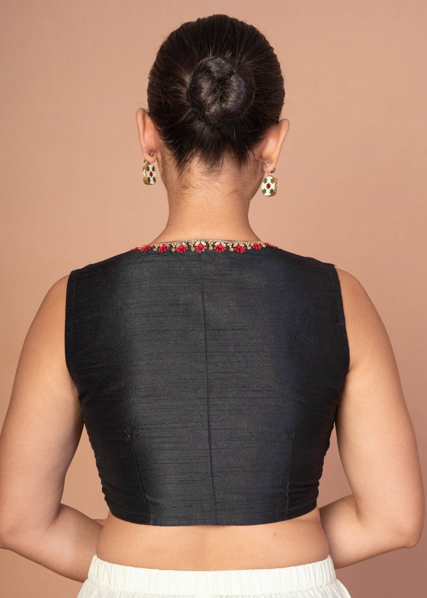 Black Raw silk Blouse With Deep V Neckline with Red And Gold Embroidered Work - Anvi Couture