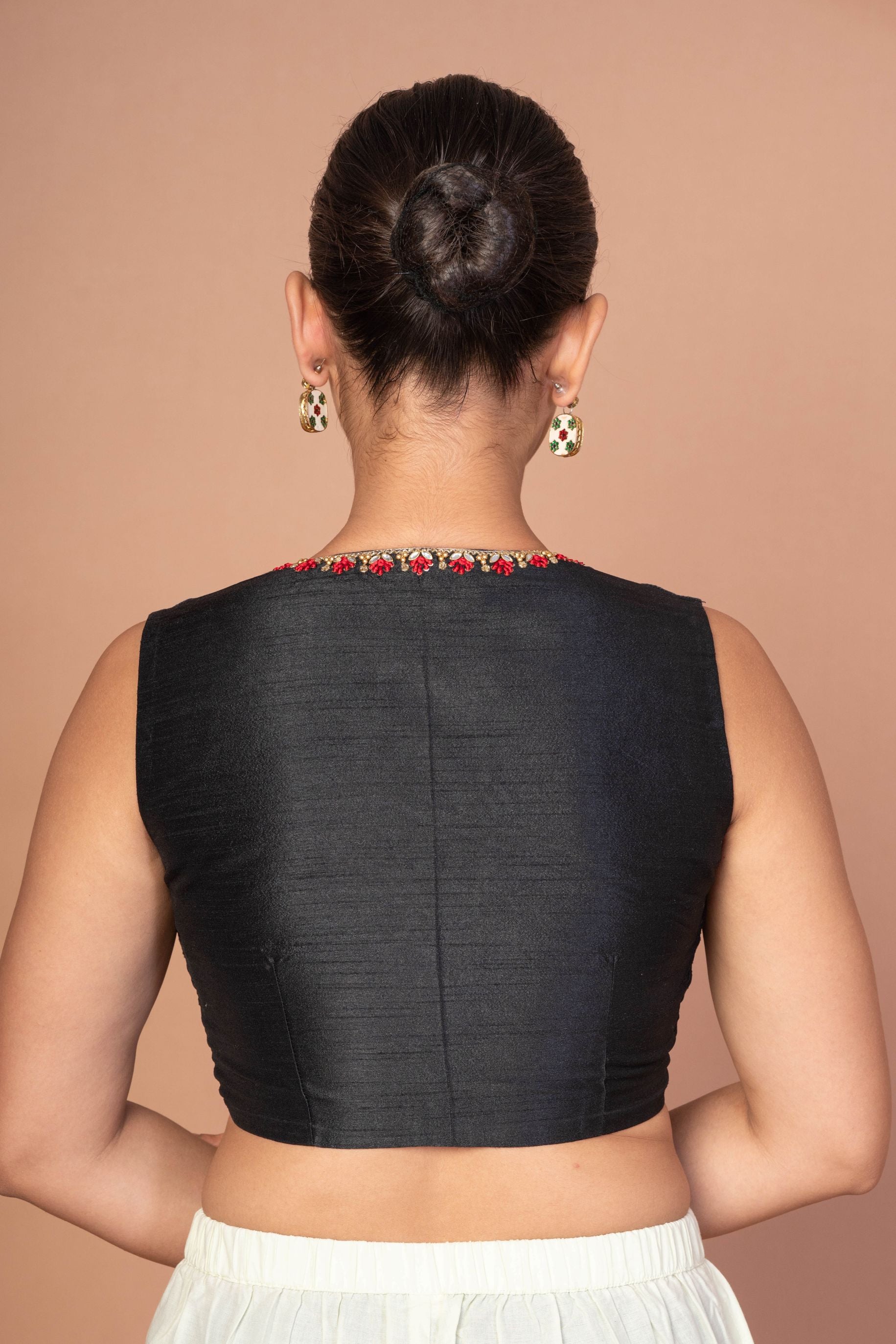 Black Raw silk Blouse With Deep V Neckline with Red And Gold Embroidered Work
 img 4
