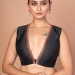 Black Raw silk Blouse With Deep V Neckline with Red And Gold Embroidered Work
img 1