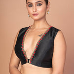 Black Raw silk Blouse With Deep V Neckline with Red And Gold Embroidered Work
img 3