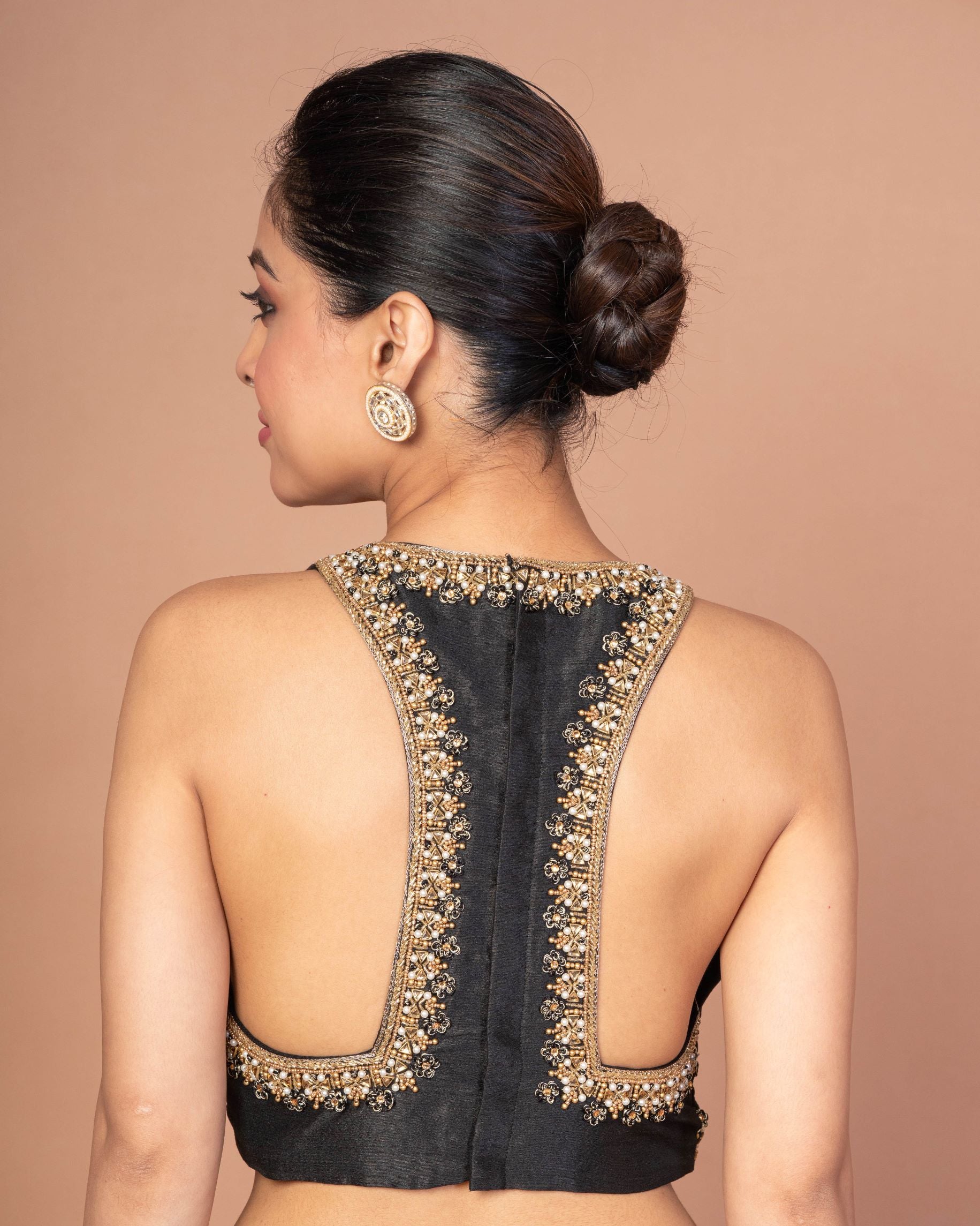 Black Raw Silk Blouse with Intricate Hand Embroidery on Front & Back - Image 2