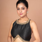 Black Raw Silk Blouse with Intricate Hand Embroidery on Front & Back - Image 3
