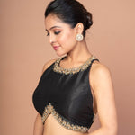 Black Raw Silk Blouse with Intricate Hand Embroidery on Front & Back - Image 4