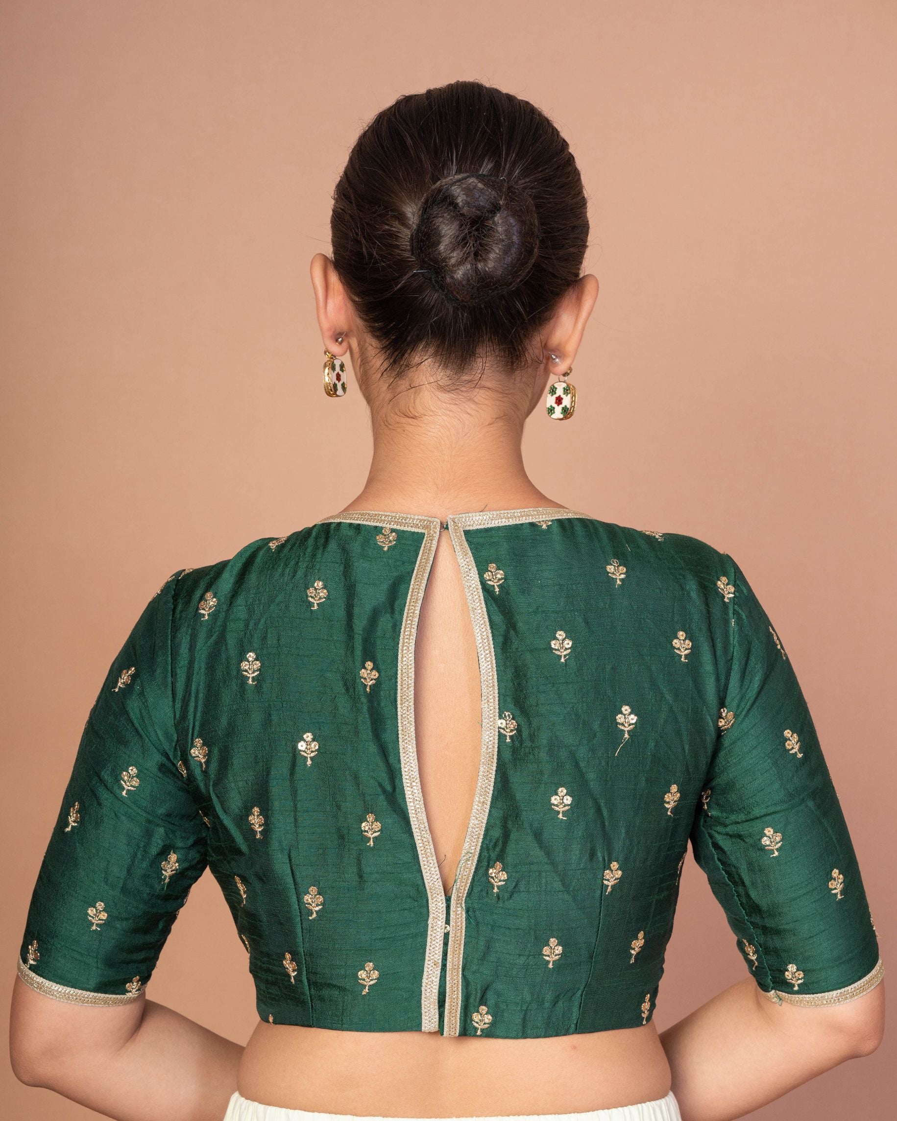 Dark Green Blouse with Golden Floral Embroidery and Boat Neckline image-3
