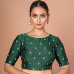 Dark Green Blouse with Golden Floral Embroidery and Boat Neckline image-1

